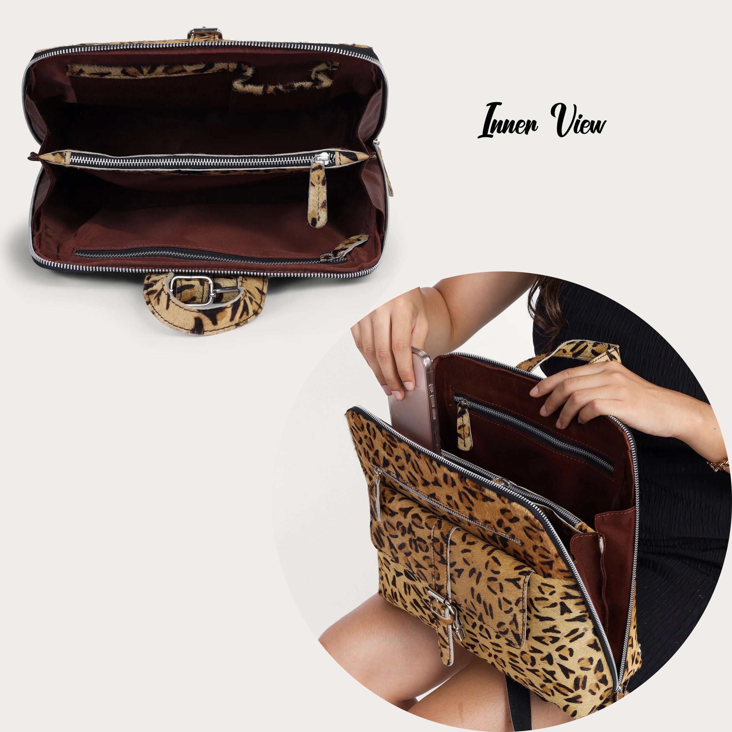 Leopard Hairon Leather Backpack – Handmade Cowhide Daypack for Women