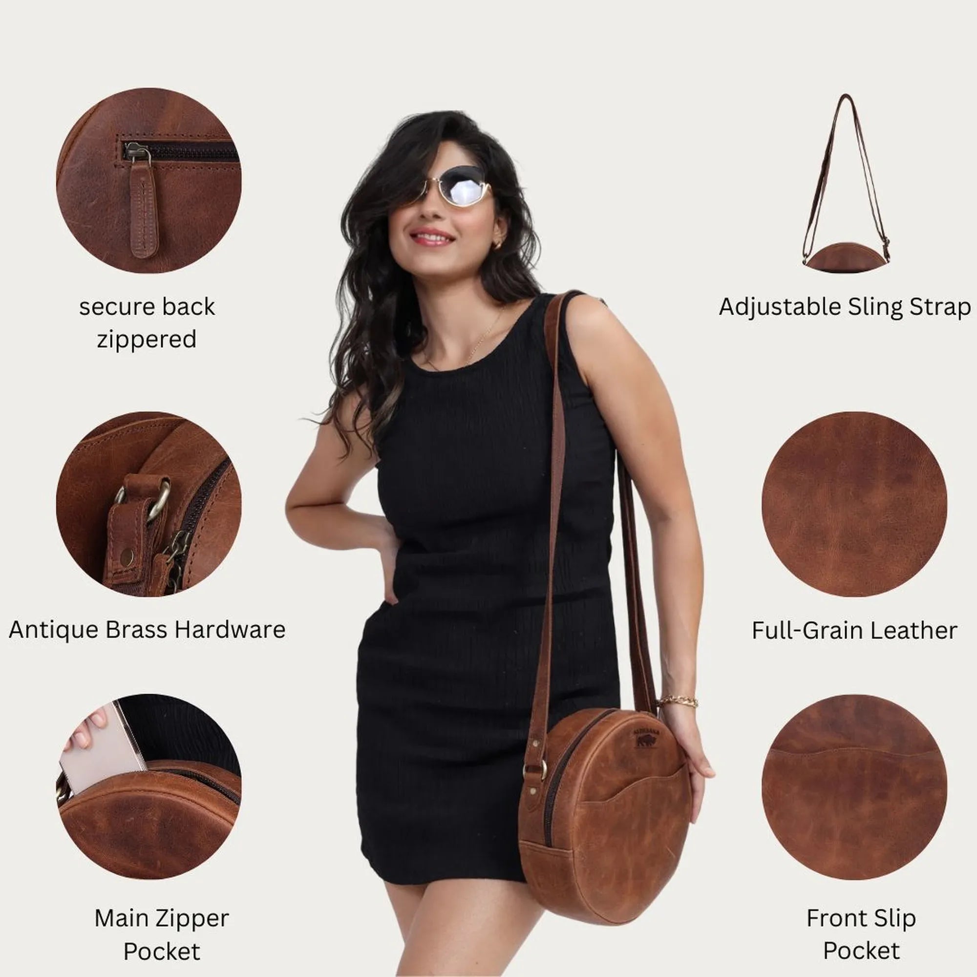 Vintage Brown Leather Crossbody Bag – Handmade Round Full Grain Sling