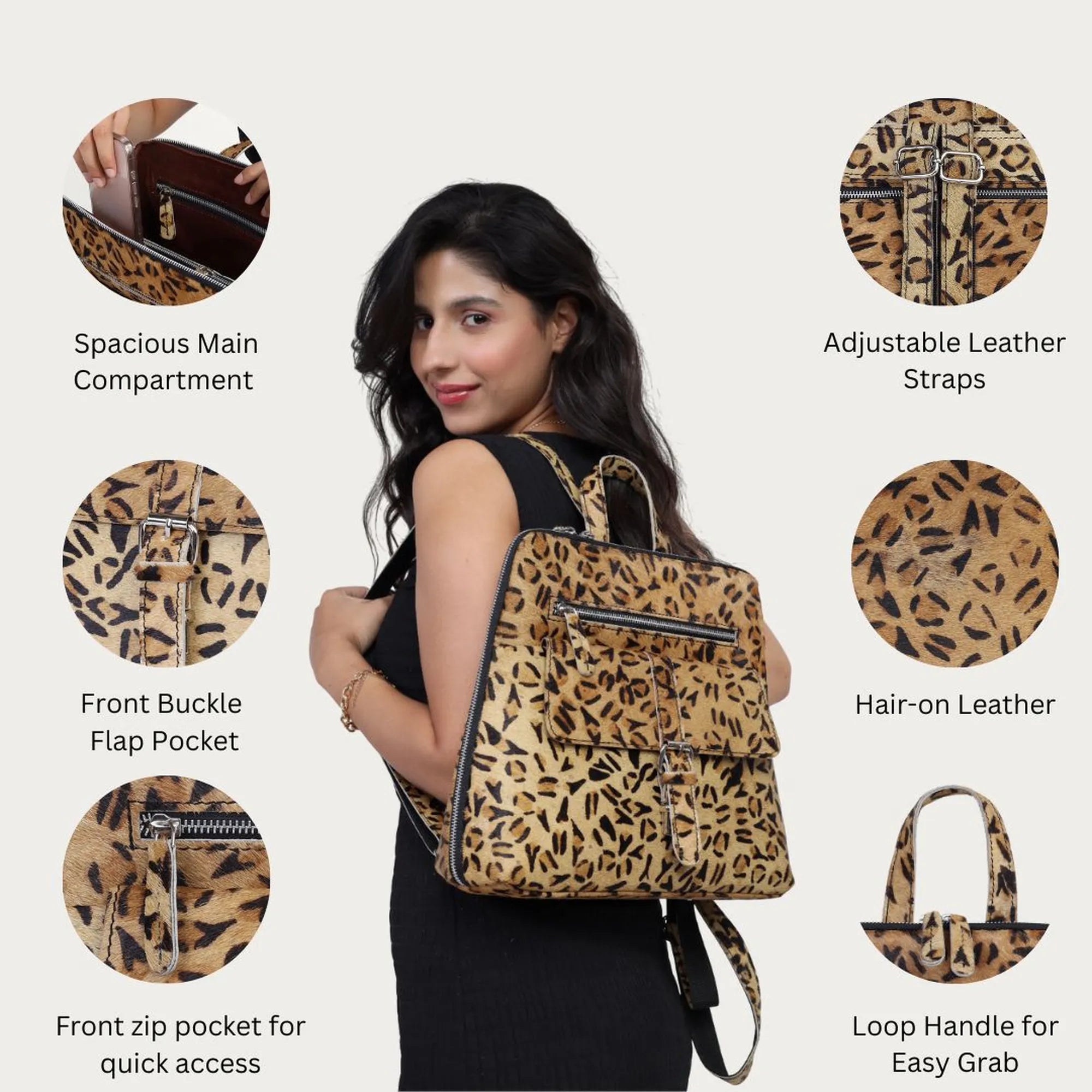 Leopard Hairon Leather Backpack – Handmade Cowhide Daypack for Women
