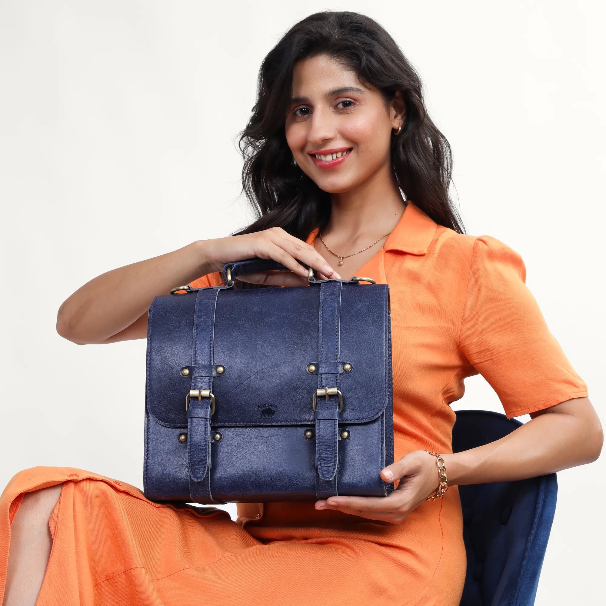 Navy Blue Leather Satchel Bag