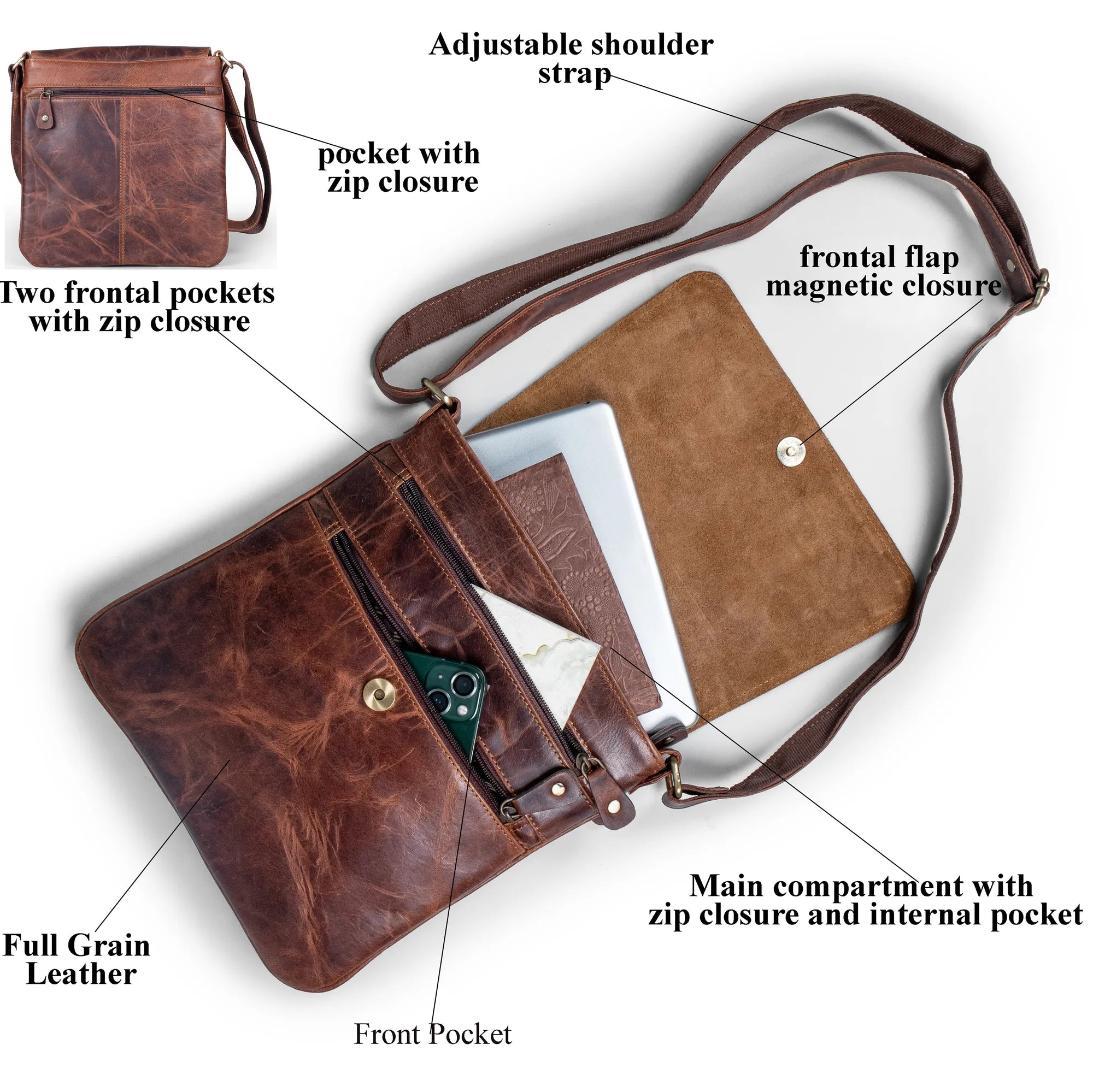Rustic Buffalo Leather Vertical Messenger Bag – Slim Crossbody Design