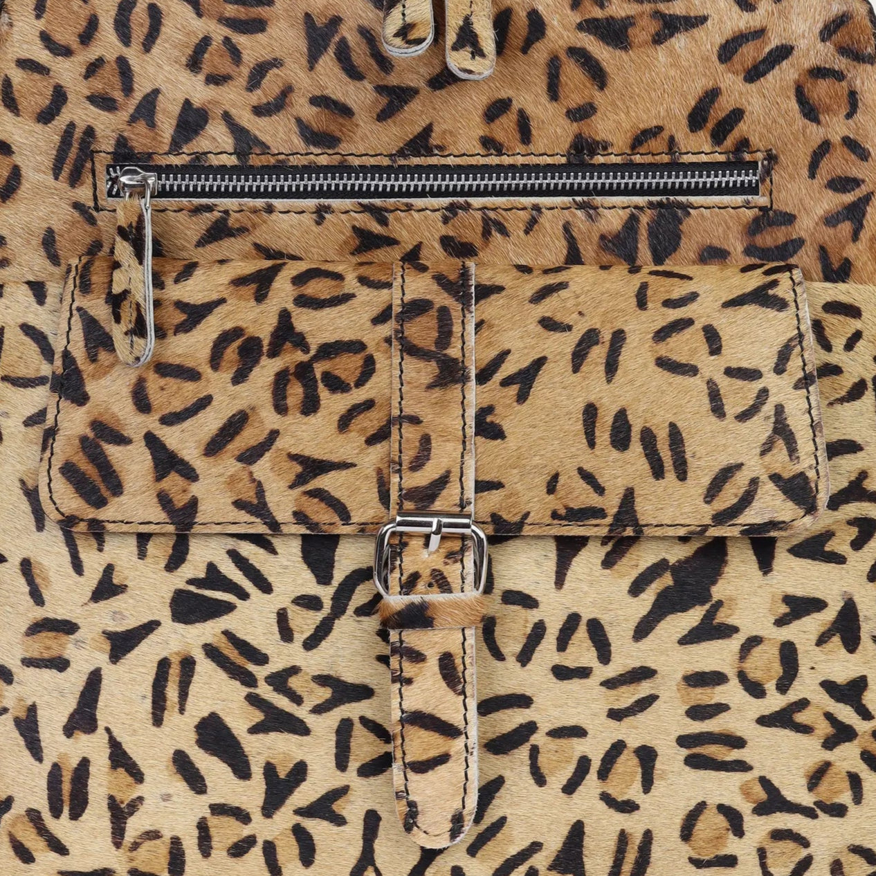 Leopard print backpack on a light gray background