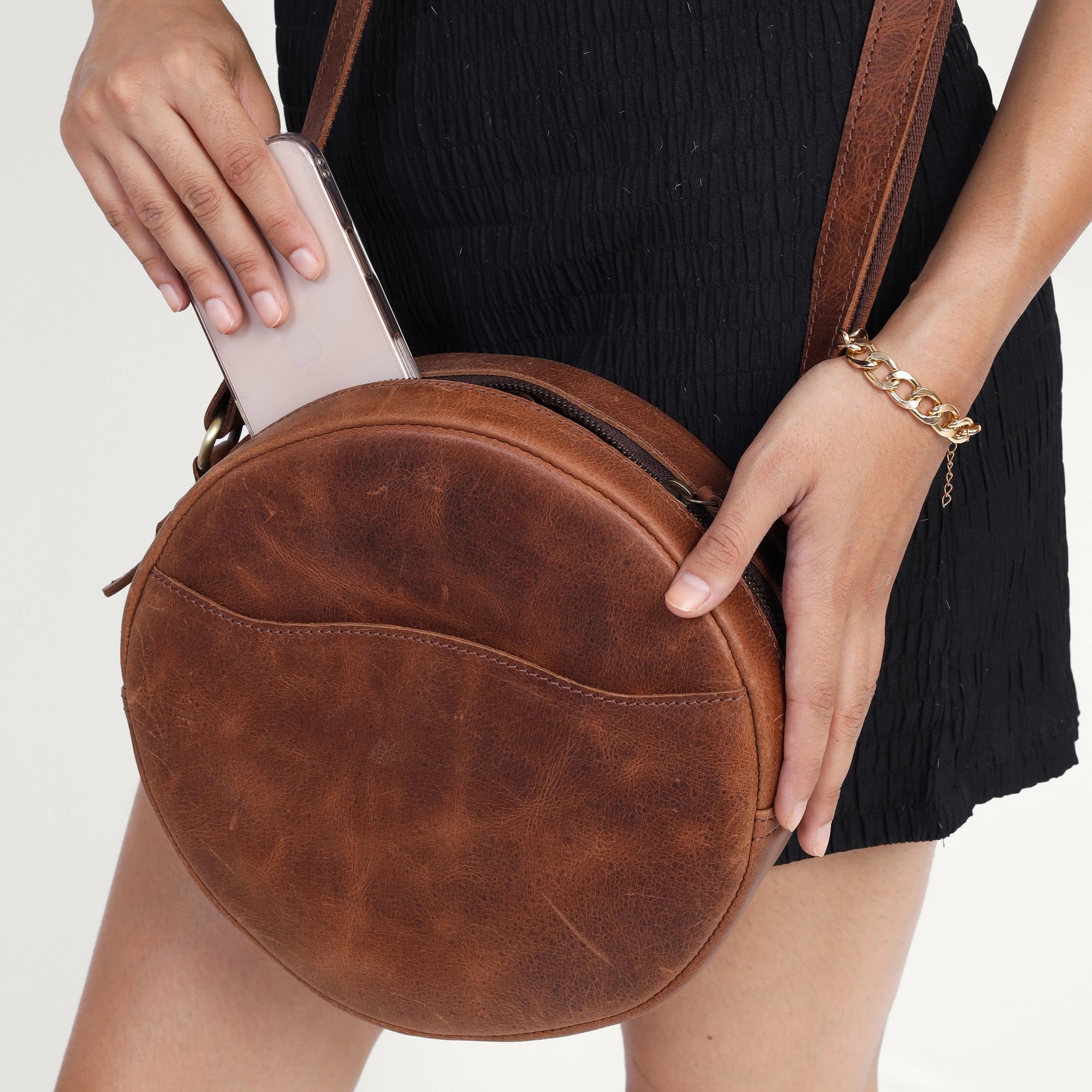 Vintage Brown Leather Crossbody Bag – Handmade Round Full Grain Sling