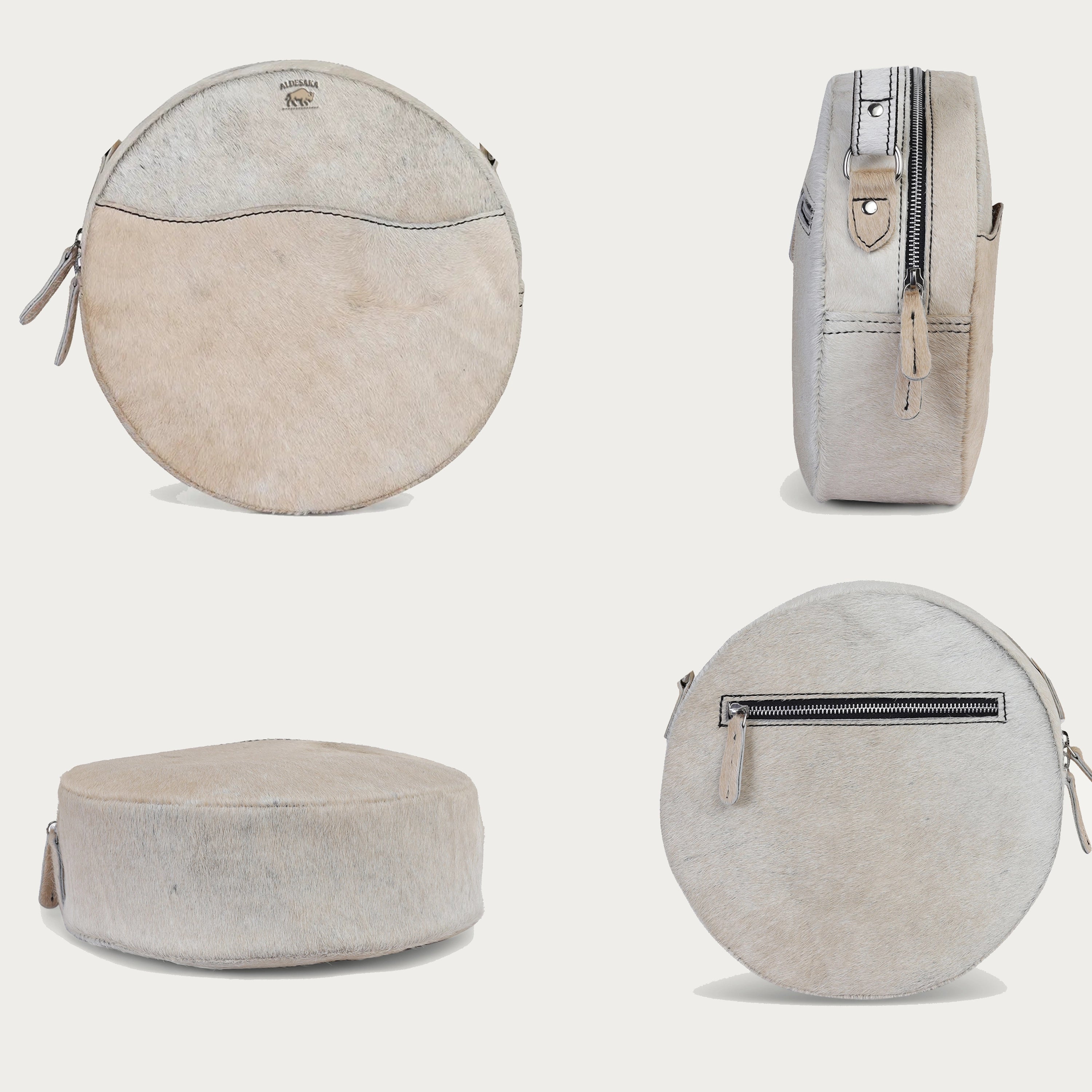 White Hairon Leather Crossbody Bag – Handmade Round Sling (USA Shipping)