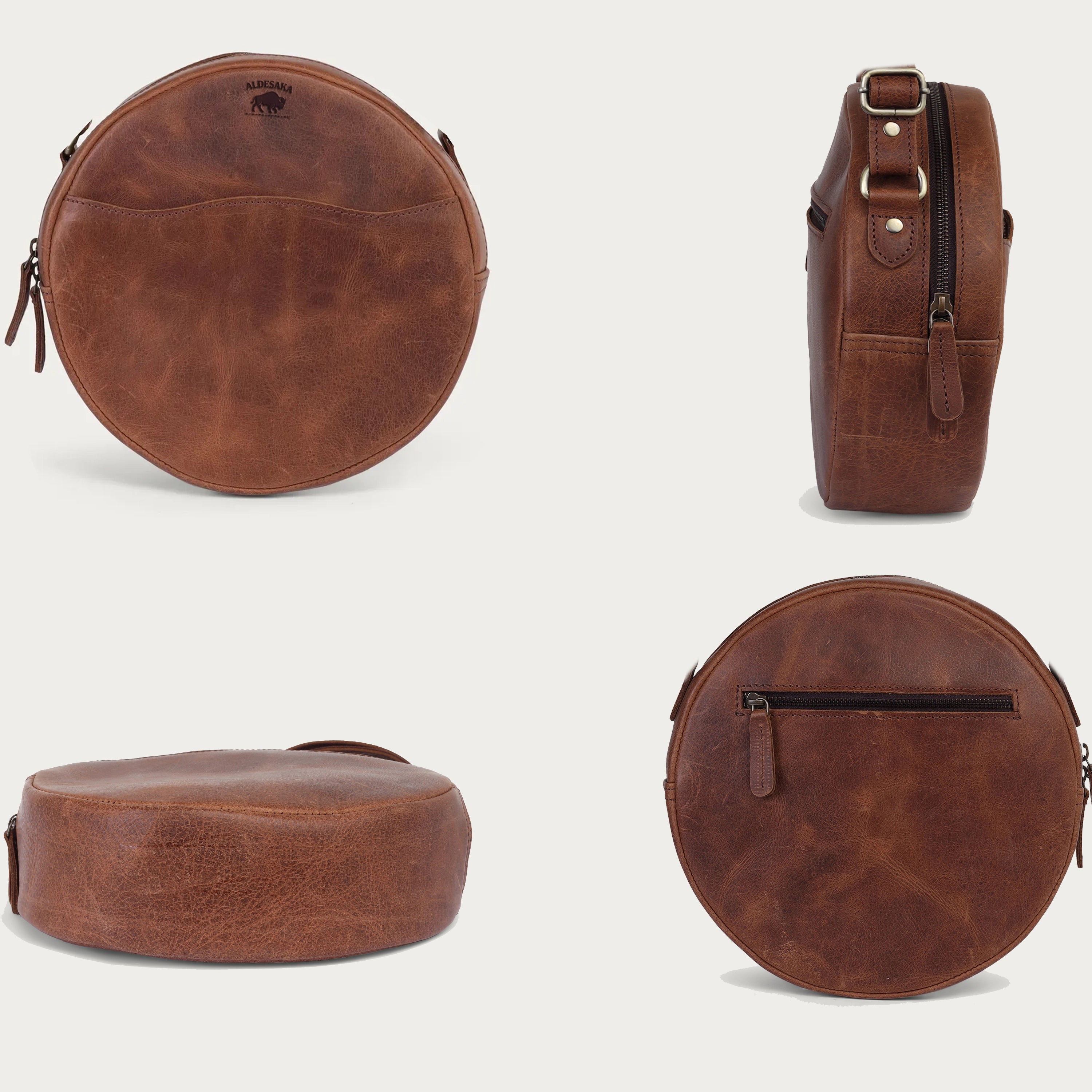 Vintage Brown Leather Crossbody Bag – Handmade Round Full Grain Sling