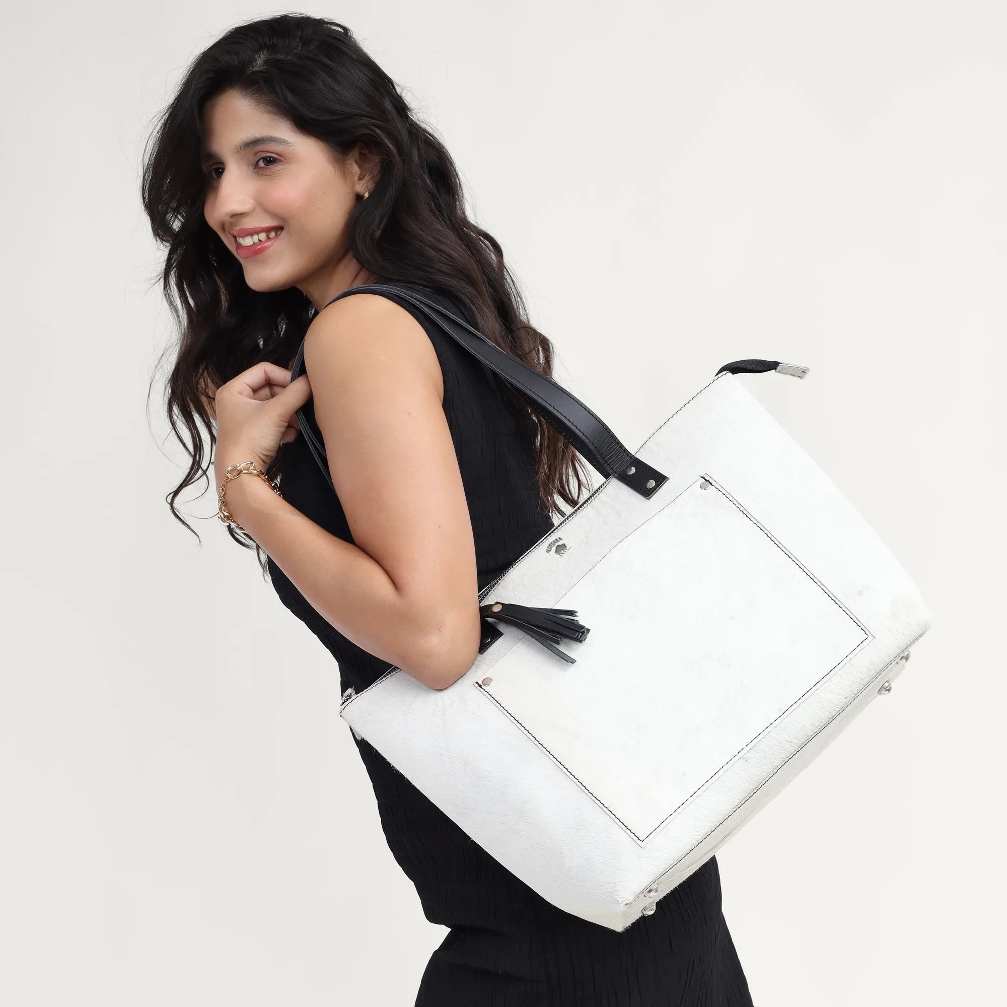 White Hairon Leather Tote Bag – Handmade & Personalized