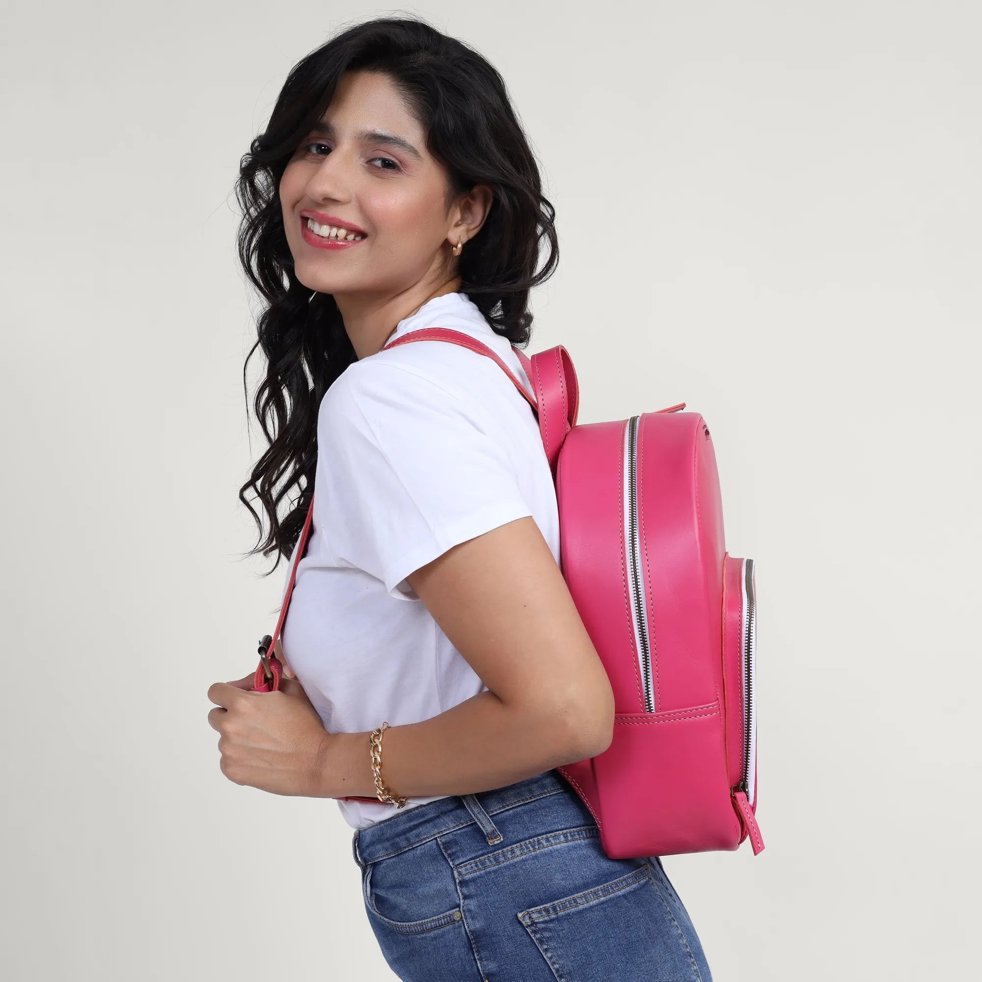 Pink Leather Backpack – Handmade Full Grain Minimalist Bag for Women