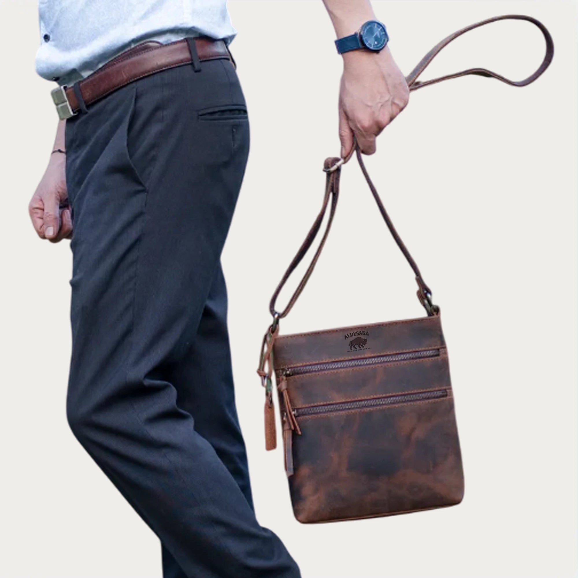 Distressed Leather Crossbody Bag – Full-Grain Unisex Everyday Sling with Dual Zipper Pockets (10" x 6" x 1")