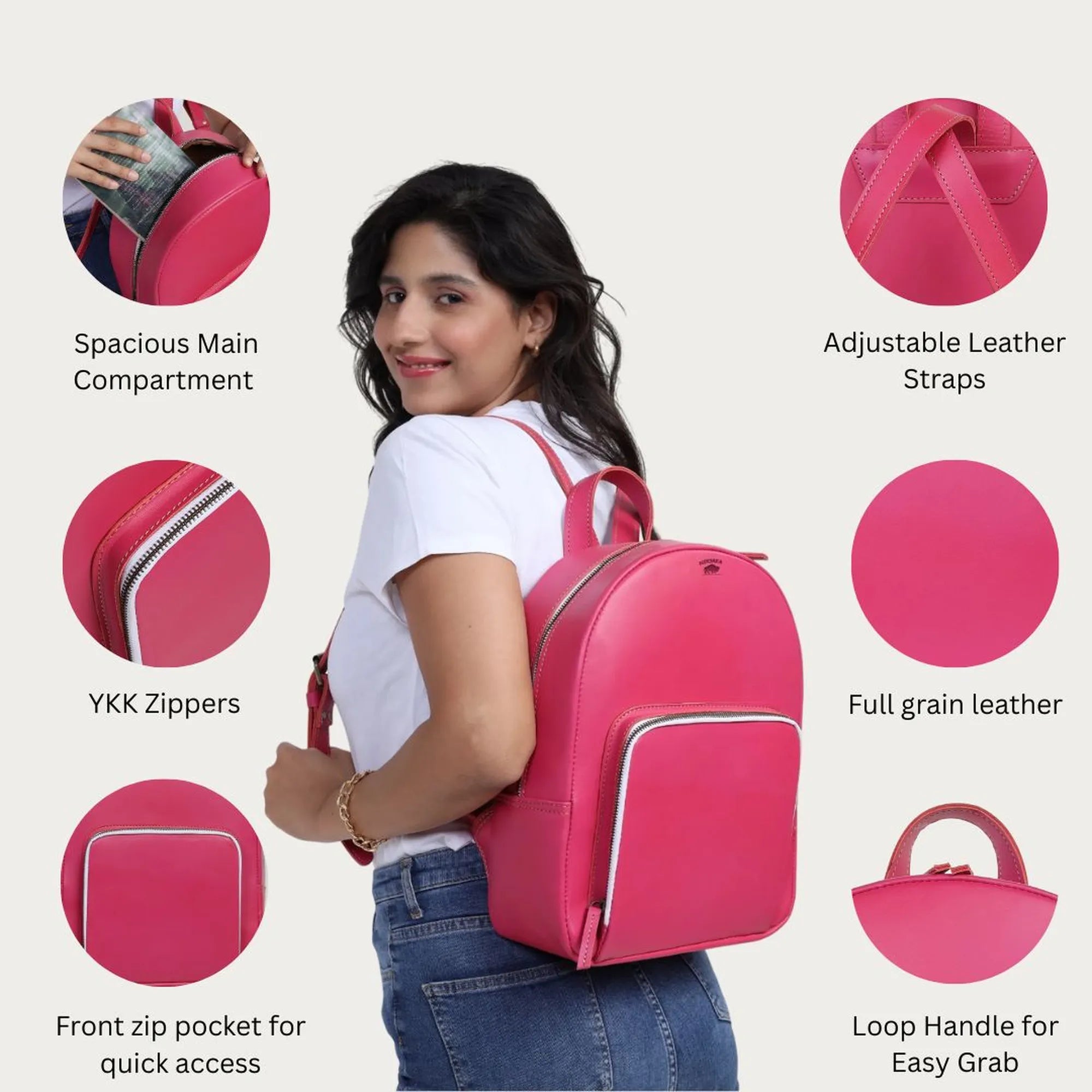 Pink Leather Backpack – Handmade Full Grain Minimalist Bag for Women