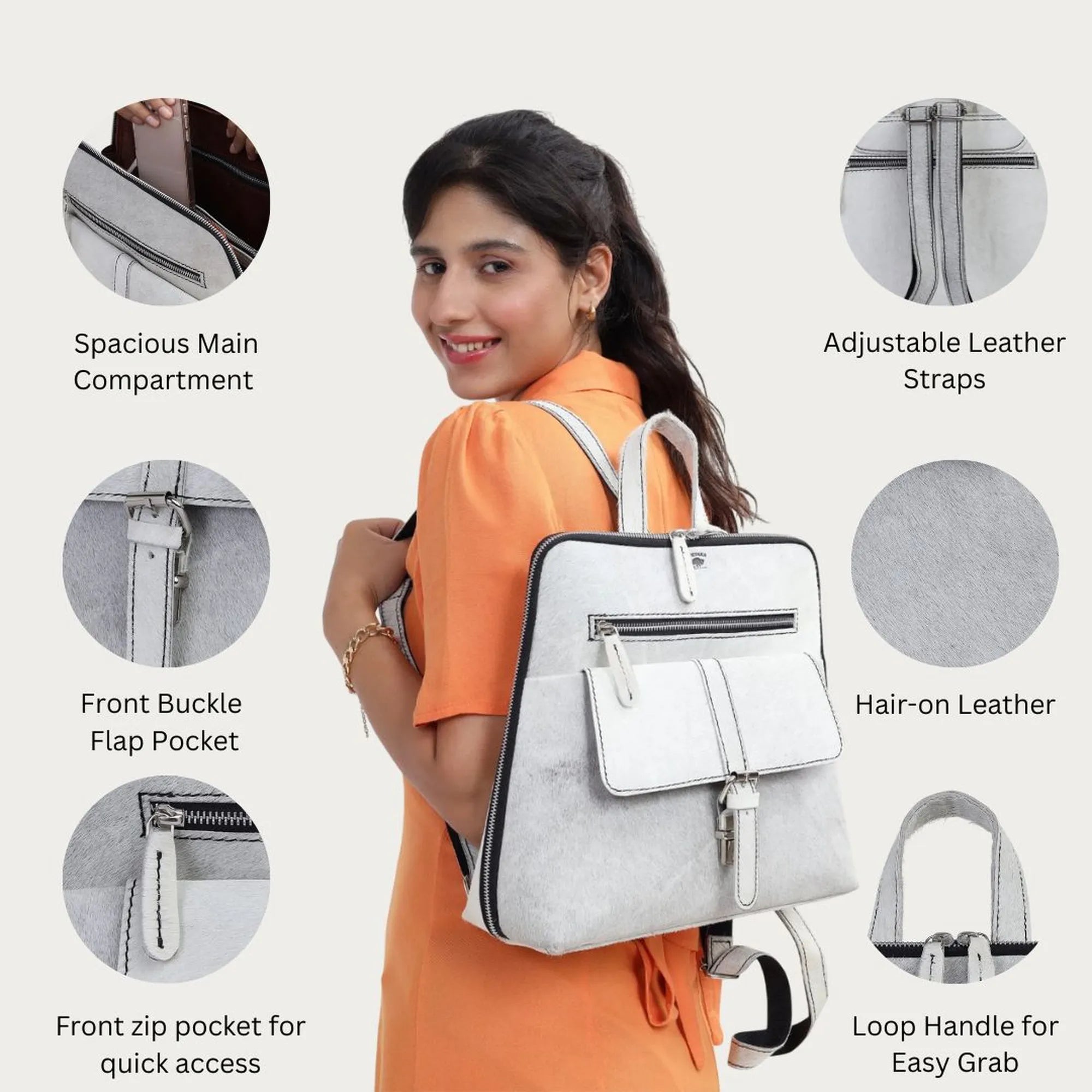 White Hairon Leather Backpack for Women – Handmade, Customizable Small Bag | Gift for Girlfriend | Stylish College Backpack