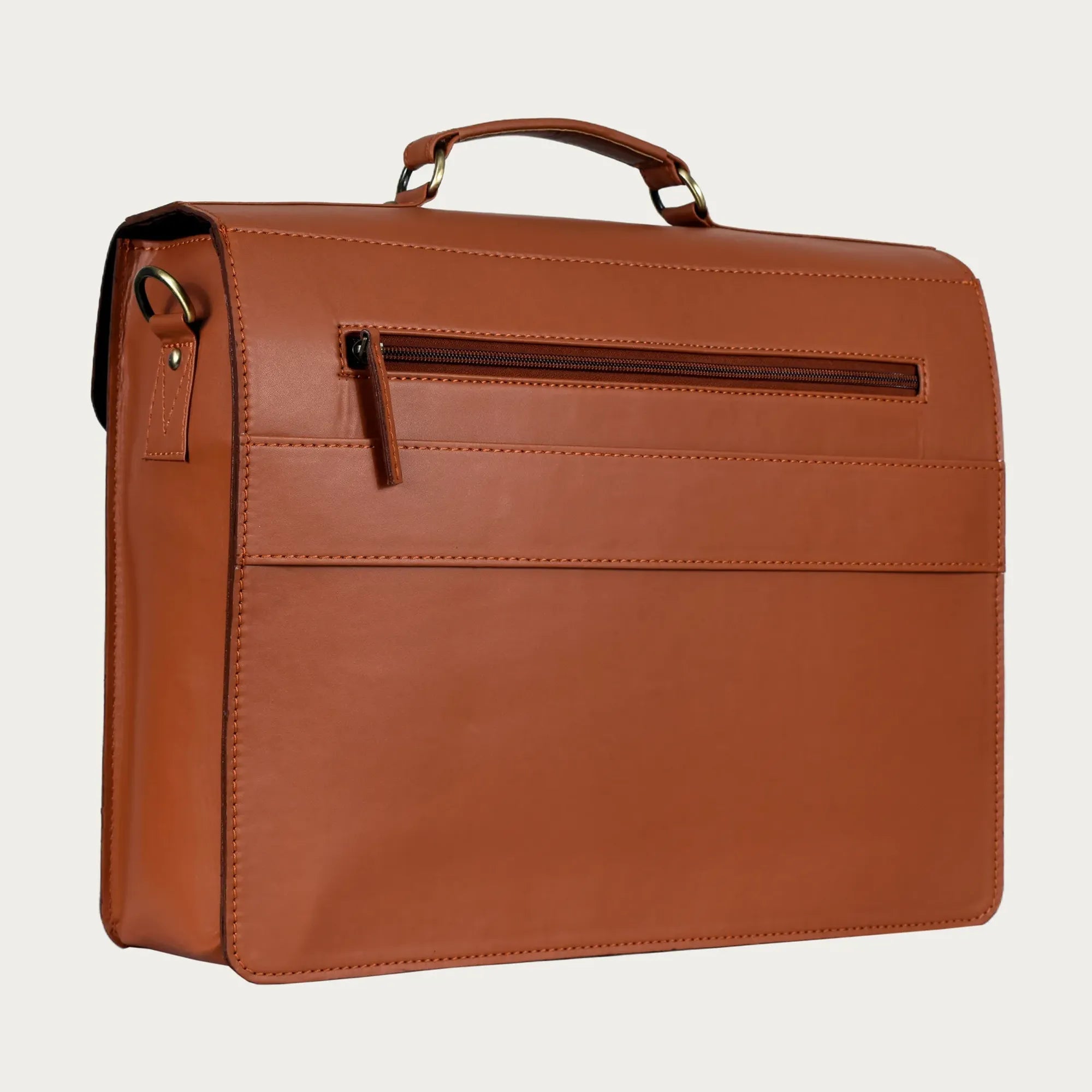 Cognac Leather Laptop Messenger Bag – Full-Grain Briefcase with Push Lock & Trolley Sleeve (14" / 16" / 18")