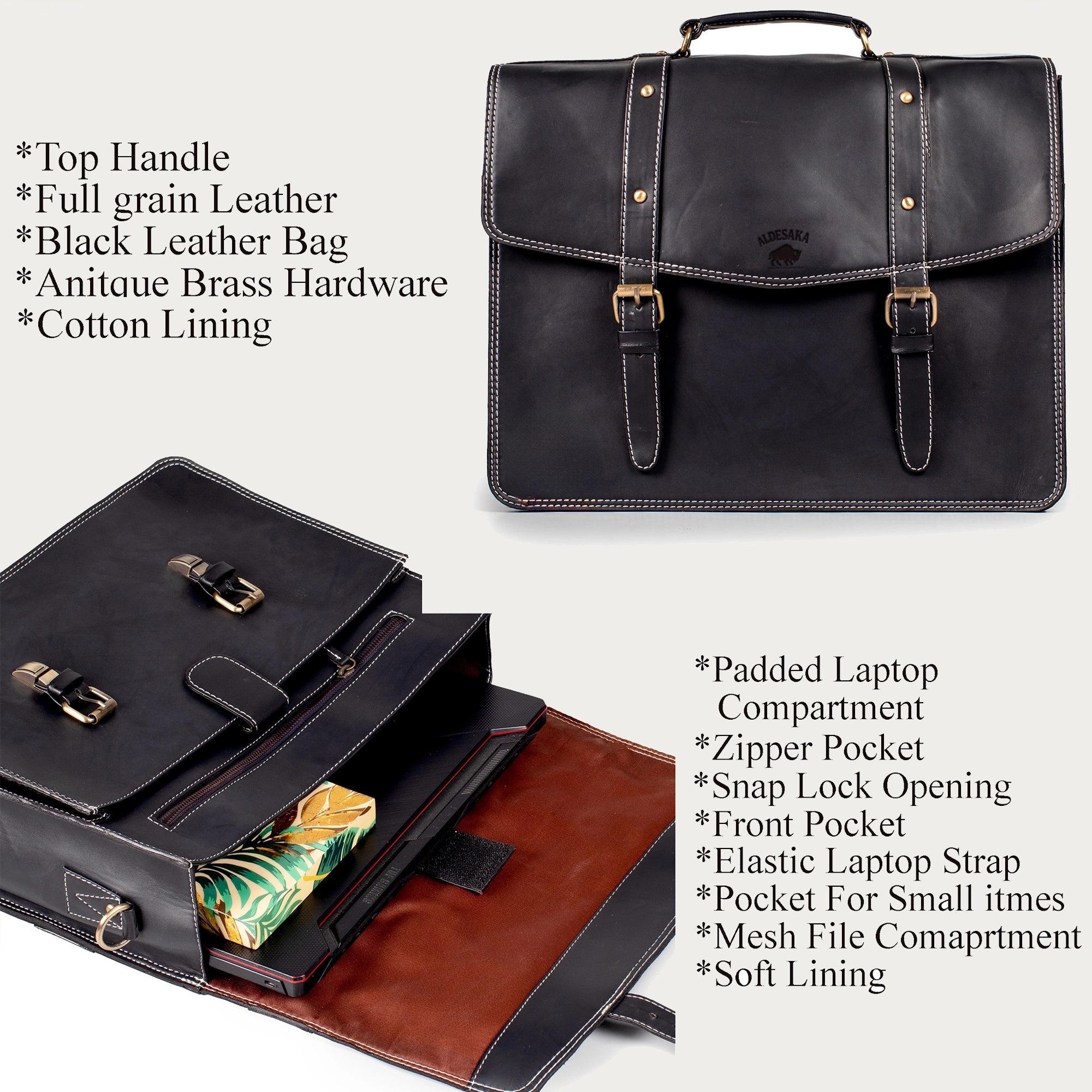 Smooth Black Leather Laptop Bag – Full-Grain Shoulder Briefcase with Buckle Flap & Trolley Sleeve (14" / 16" / 18")