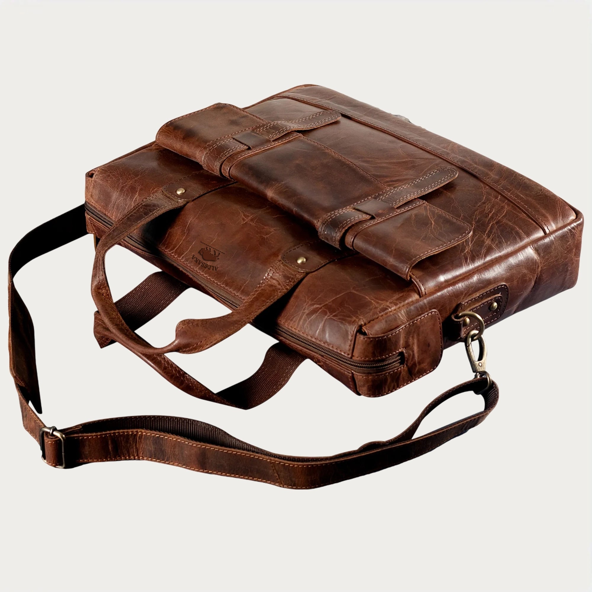 Distressed Leather Briefcase – Full-Grain Laptop Bag with Top Handles, Zipper Closure & Multi-Utility Pockets (14" / 16" / 18")