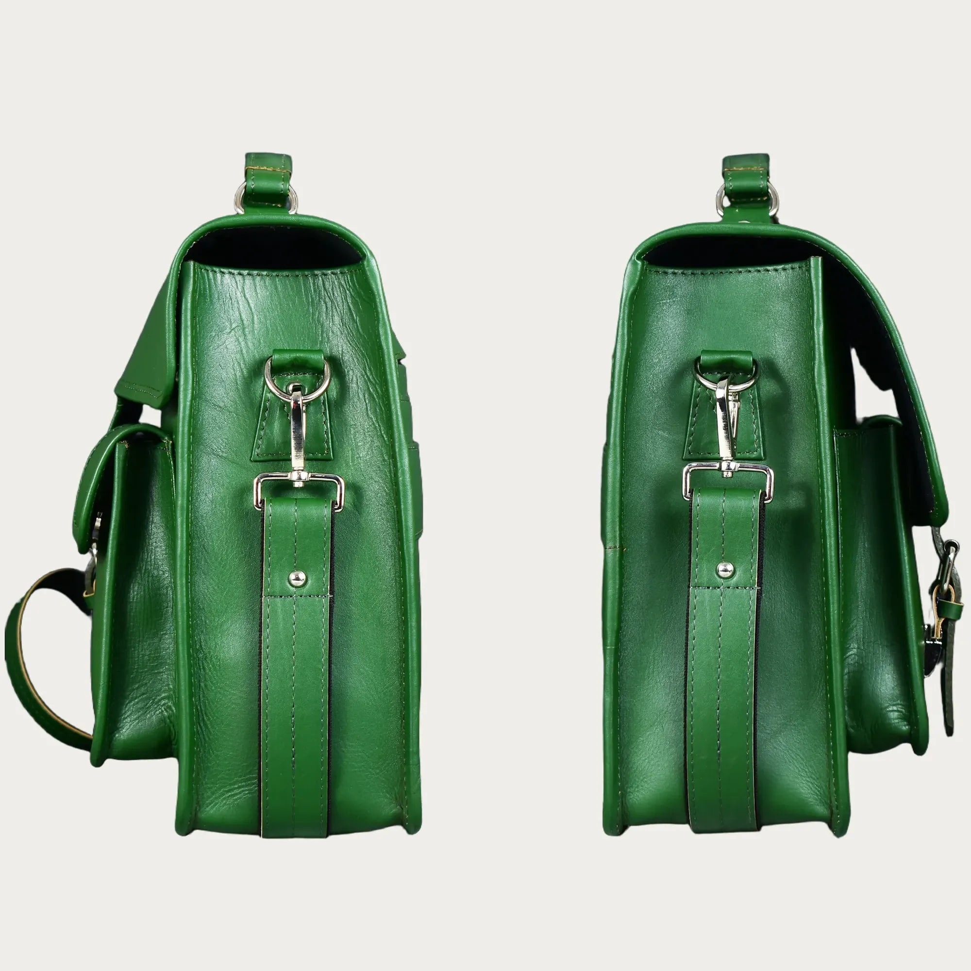 Green Full-Grain Leather Messenger Bag – Handmade Laptop Briefcase with Buckle Flap & Trolley Sleeve (14" / 16" / 18")
