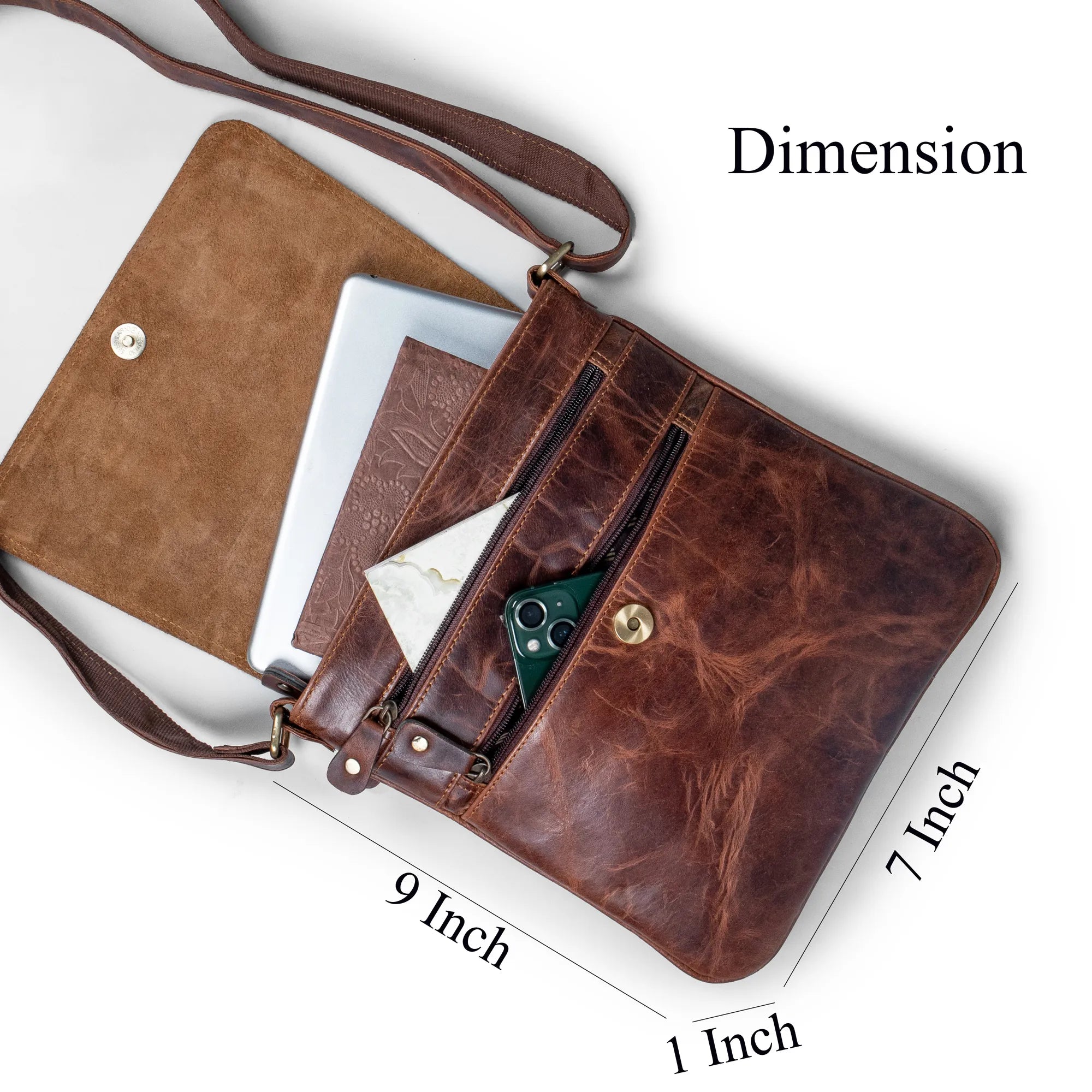 Rustic Buffalo Leather Vertical Messenger Bag – Slim Crossbody Design