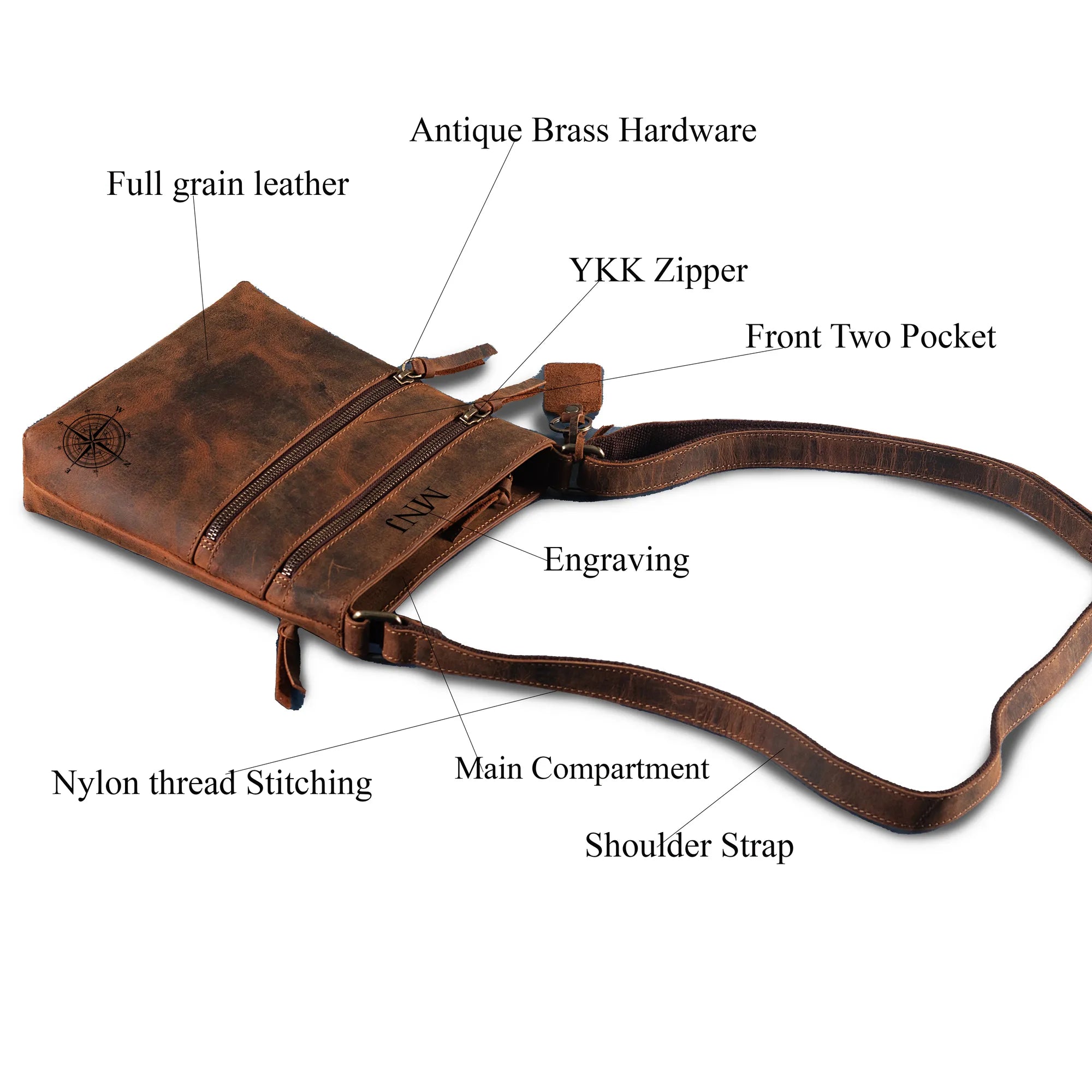 Distressed Leather Crossbody Bag – Full-Grain Unisex Everyday Sling with Dual Zipper Pockets (10" x 6" x 1")