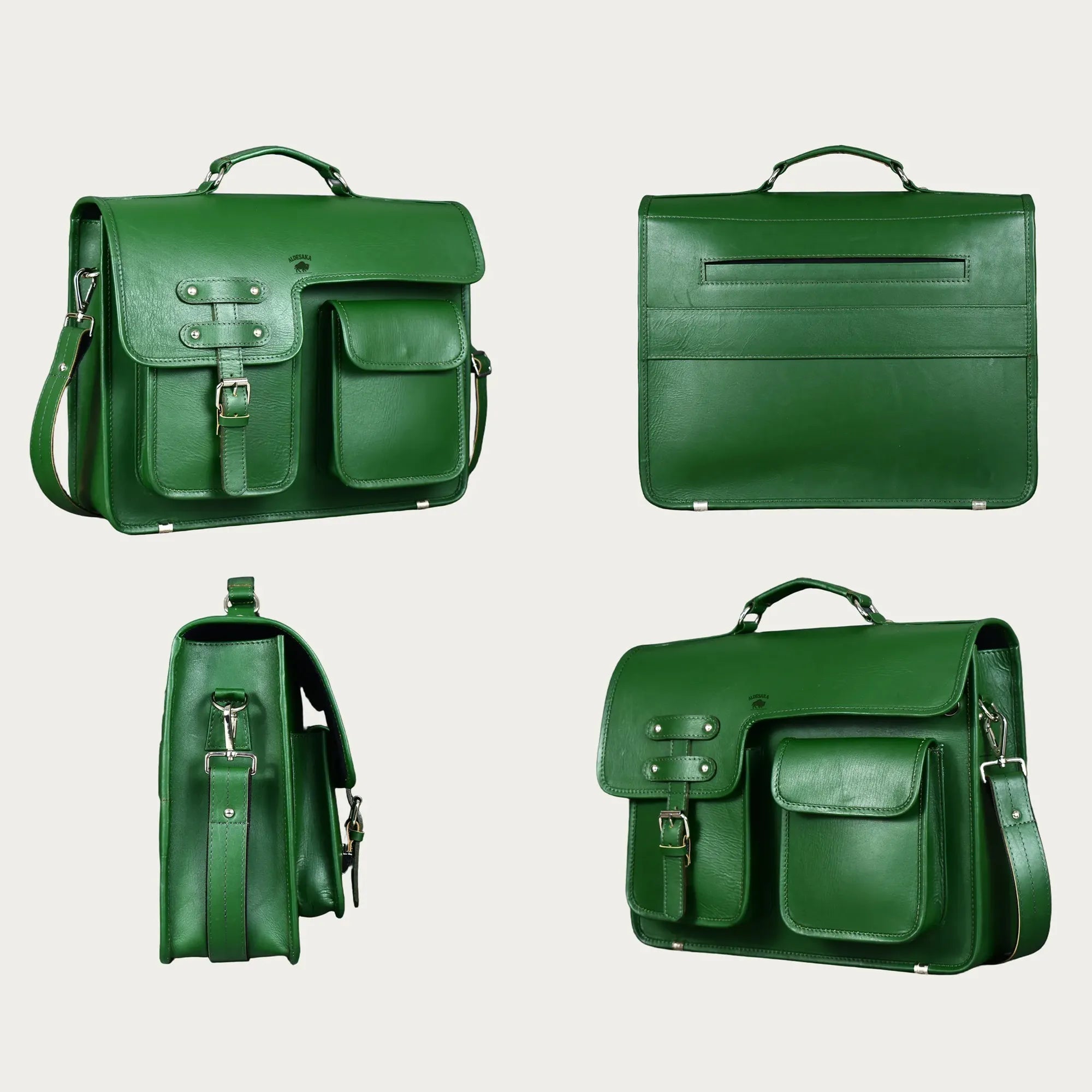 Green Full-Grain Leather Messenger Bag – Handmade Laptop Briefcase with Buckle Flap & Trolley Sleeve (14" / 16" / 18")