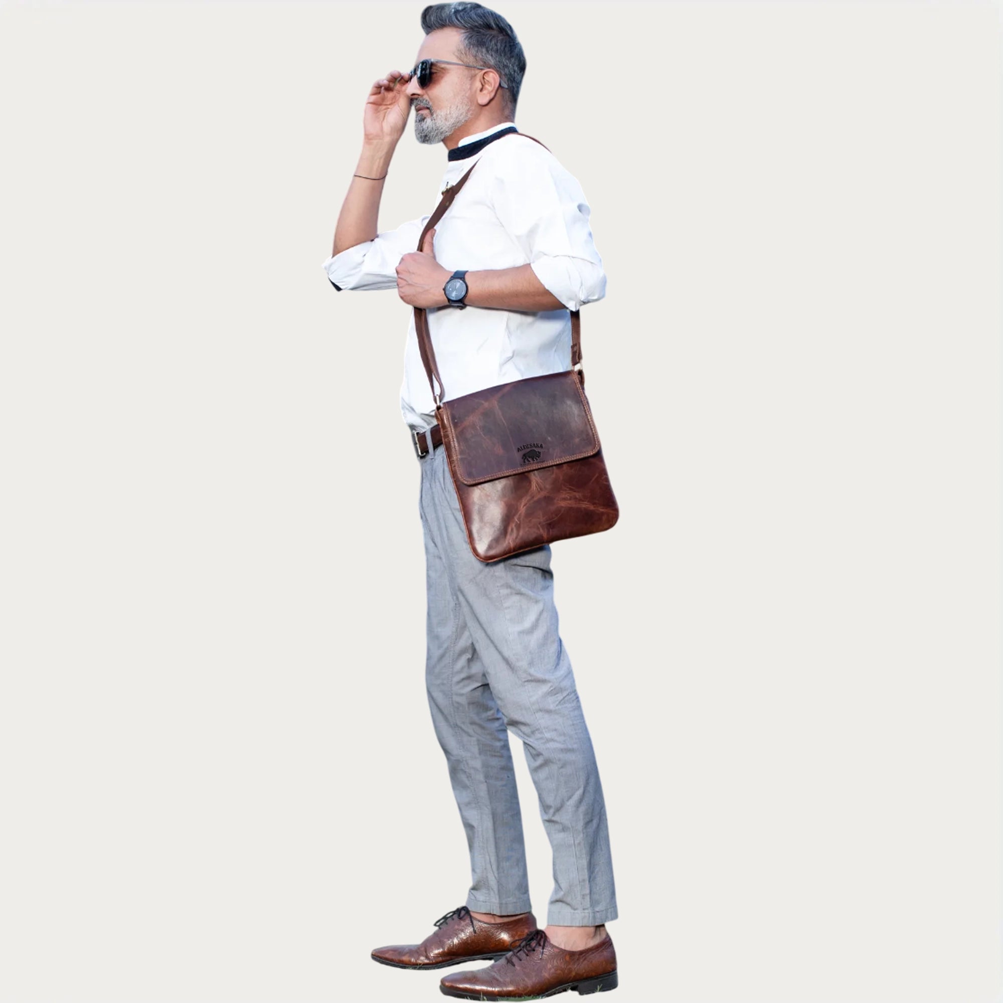 Rustic Buffalo Leather Vertical Messenger Bag – Slim Crossbody Design