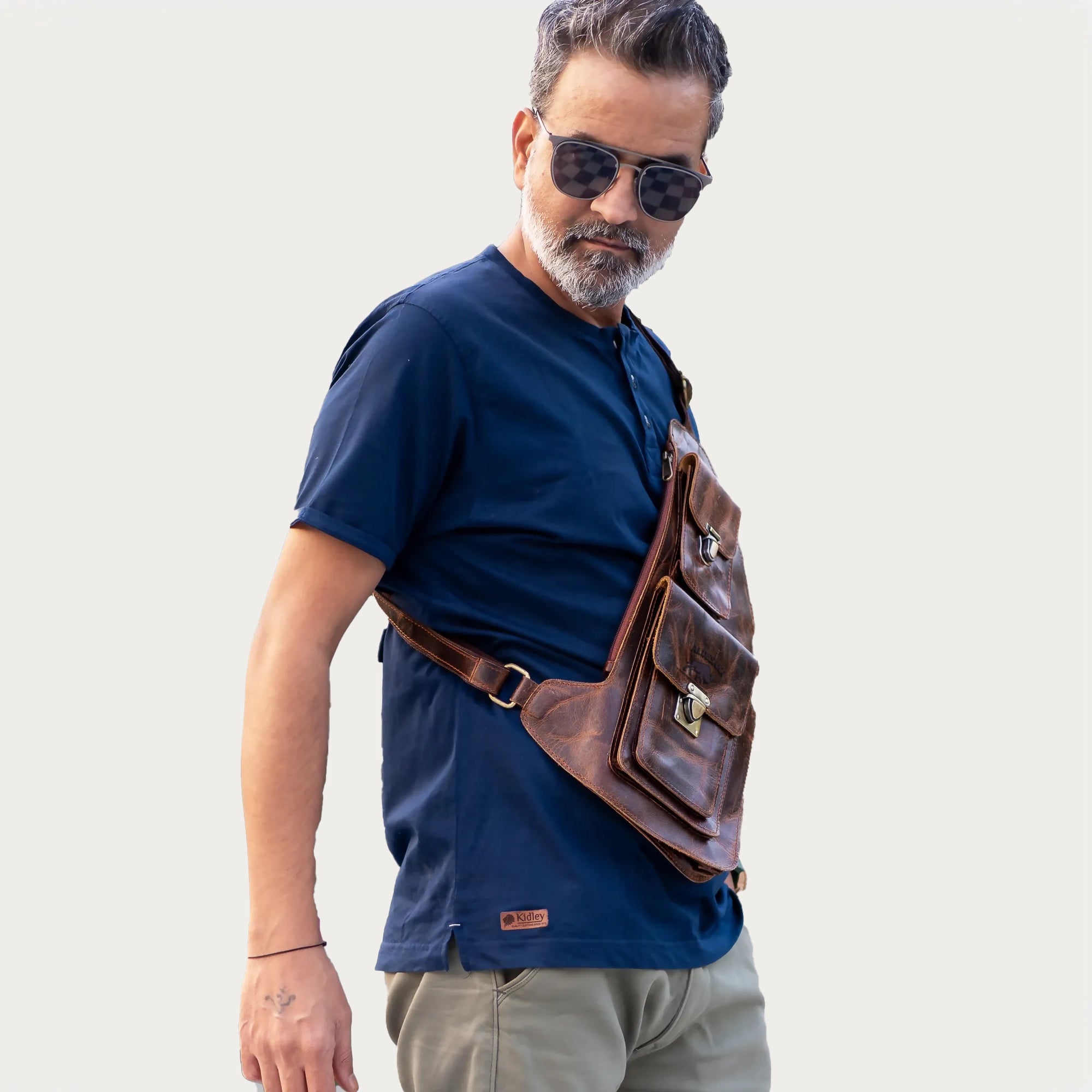 Men’s Full-Grain Leather Chest Sling Bag – Distressed Brown Crossbody Chest Pack with Dual Buckle Pockets – Gift for Him