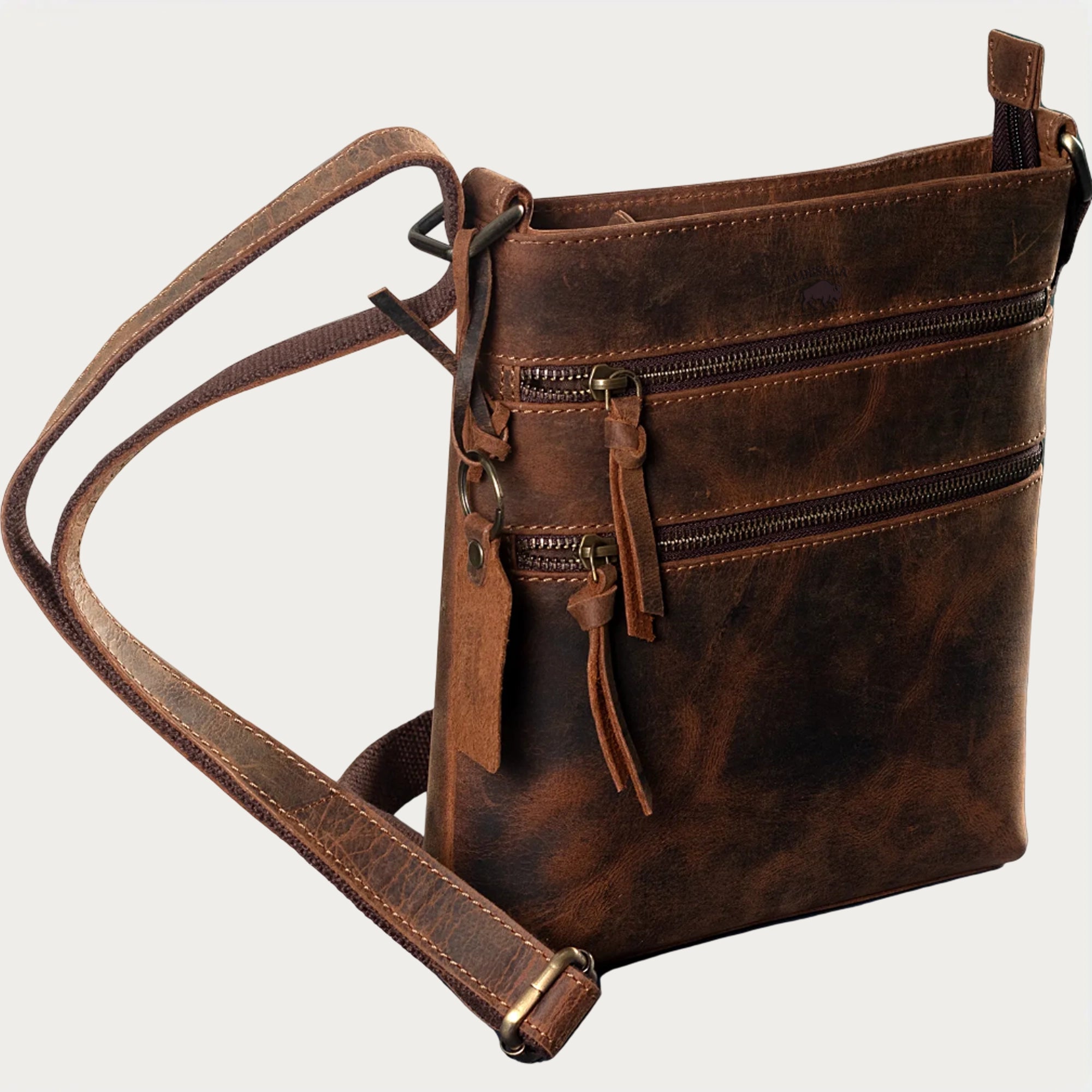 Distressed Leather Crossbody Bag – Full-Grain Unisex Everyday Sling with Dual Zipper Pockets (10" x 6" x 1")