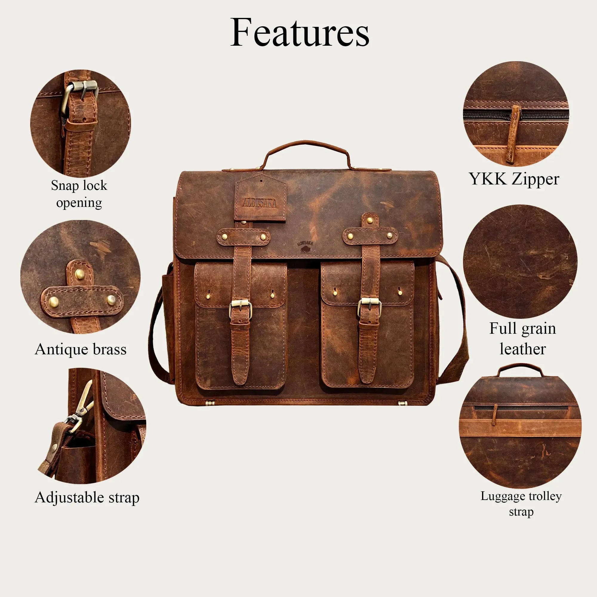Distressed Leather Satchel Bag – Full-Grain Laptop Briefcase with Dual Buckle Pockets & Trolley Sleeve (14" / 16" / 18")