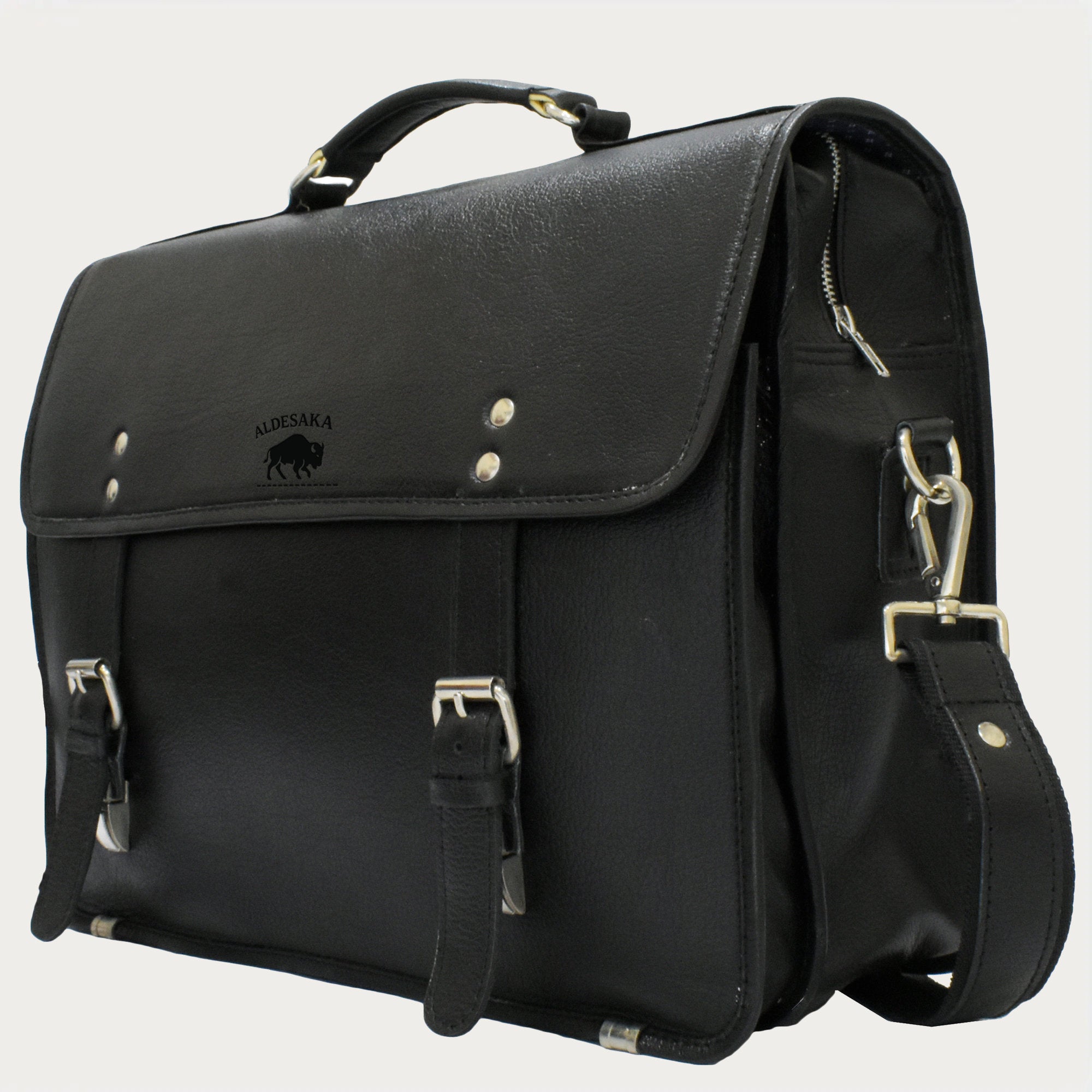 Black Leather Laptop Briefcase – Full-Grain Professional Bag with Buckle Flap & Trolley Sleeve (14" / 16" / 18")