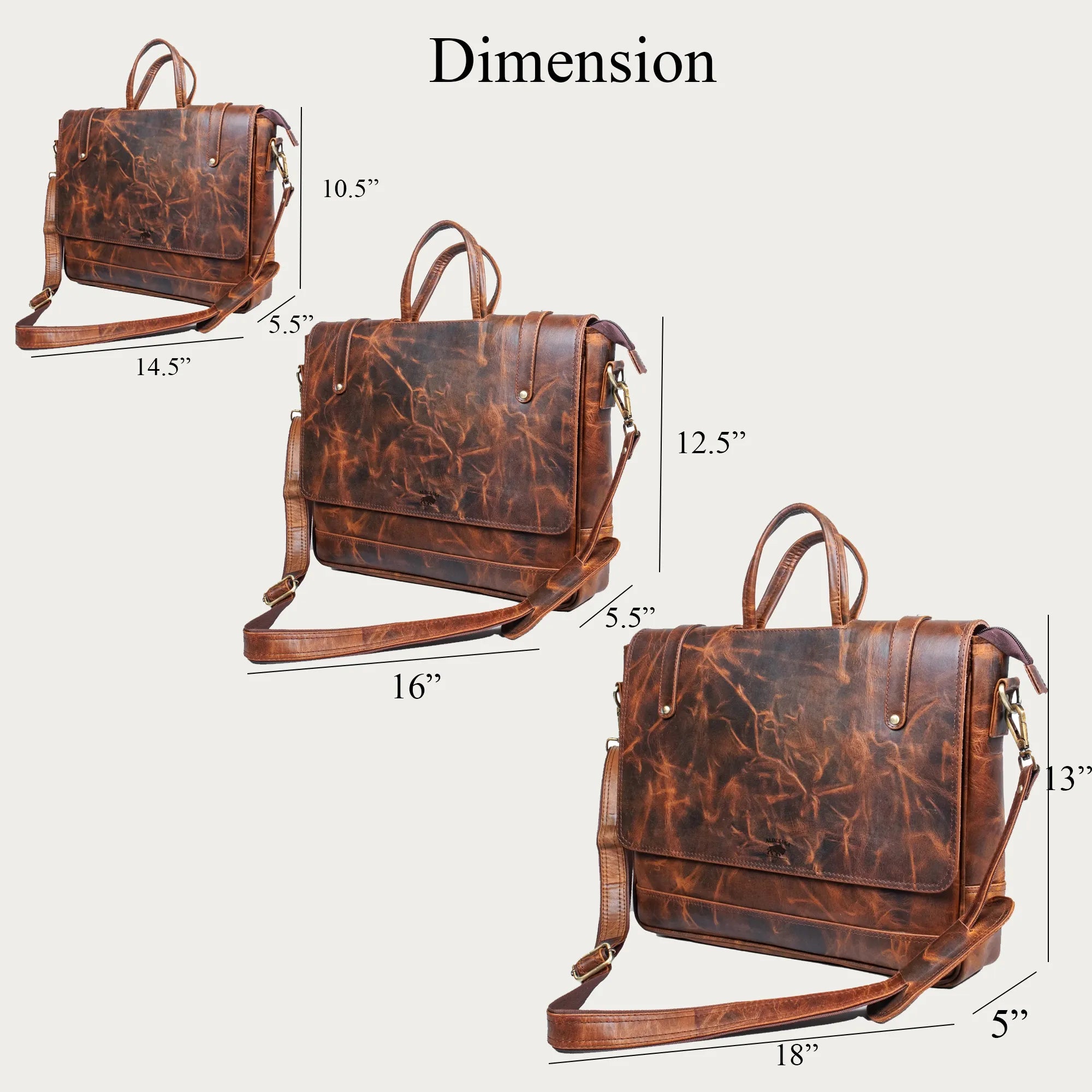 Distressed Brown Leather Laptop Bag – Full-Grain Cowhide with Flap-Over Closure, Top Handle & Shoulder Strap (14" / 16" / 18")