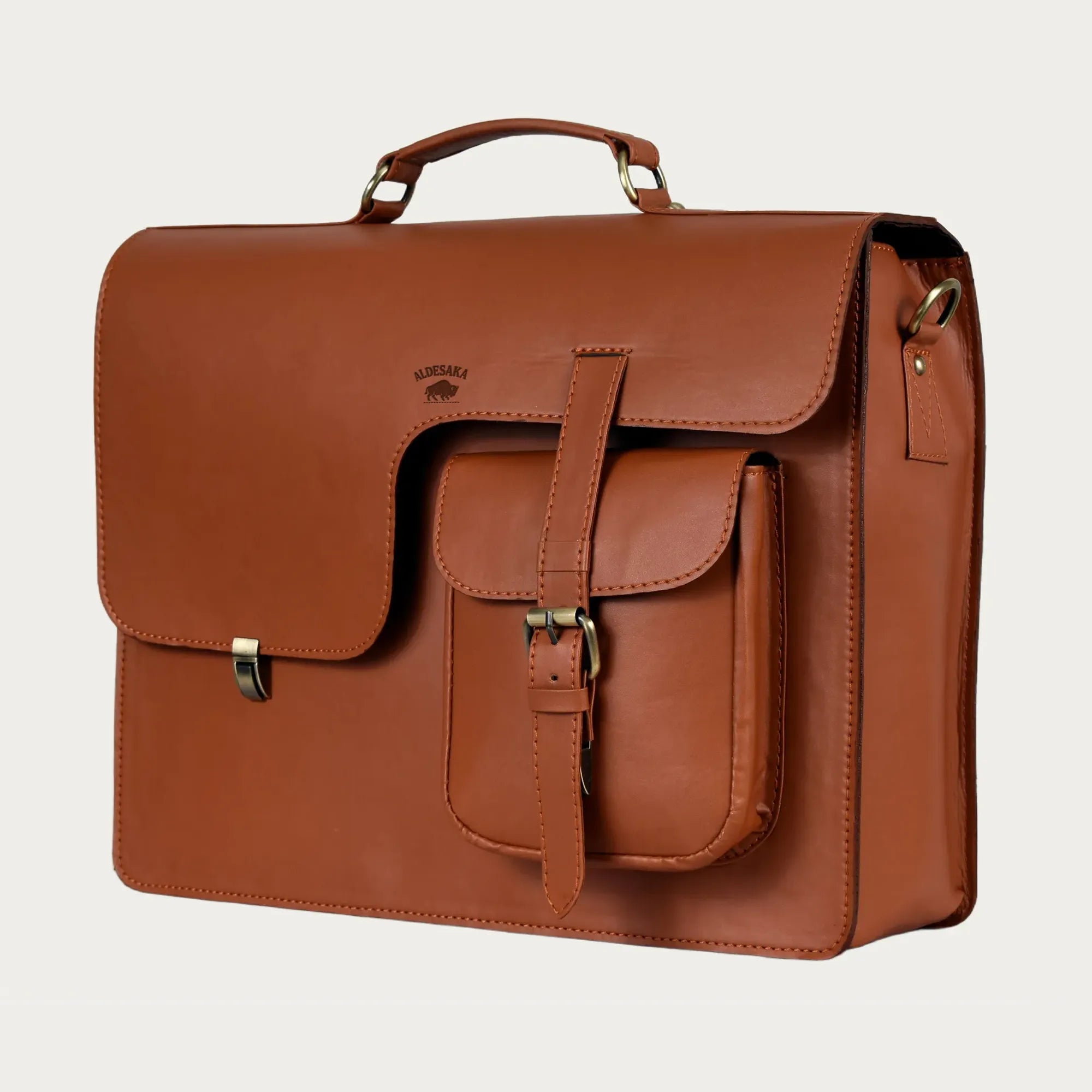 Cognac Leather Laptop Messenger Bag – Full-Grain Briefcase with Push Lock & Trolley Sleeve (14" / 16" / 18")