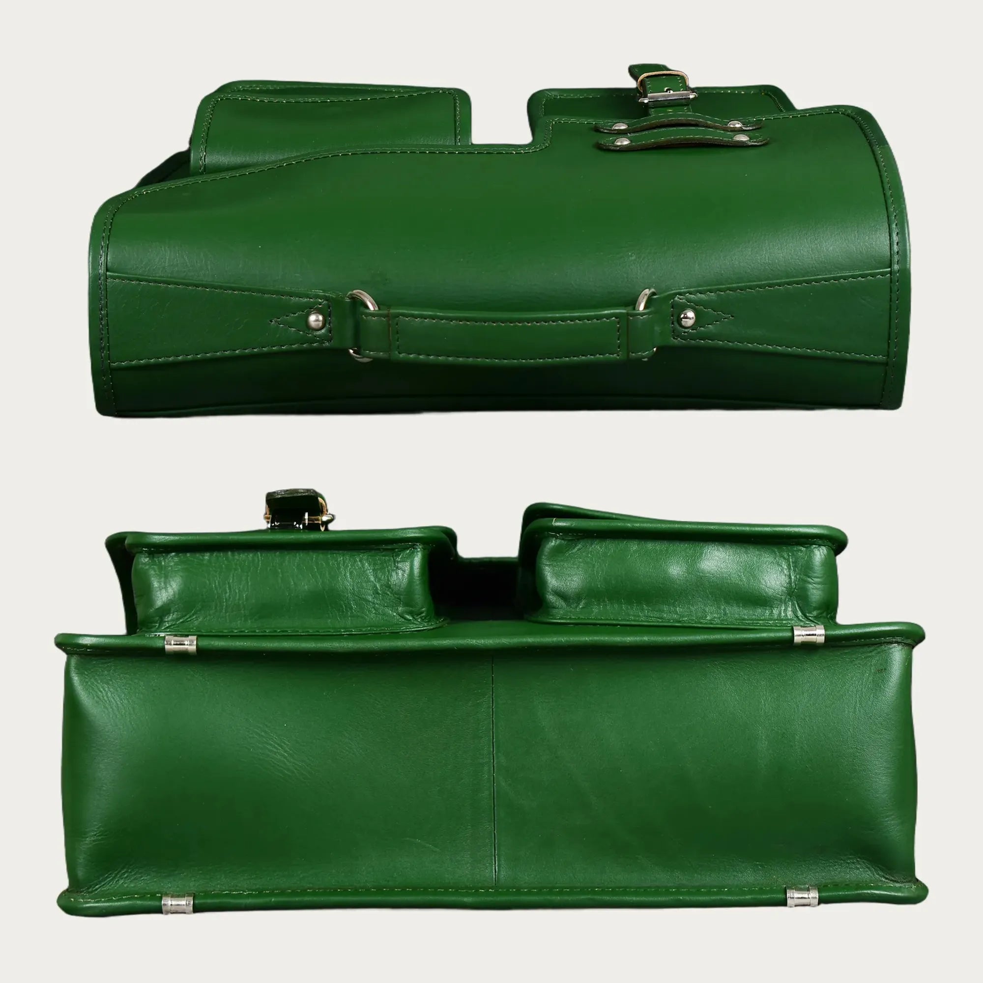 Green Full-Grain Leather Messenger Bag – Handmade Laptop Briefcase with Buckle Flap & Trolley Sleeve (14" / 16" / 18")