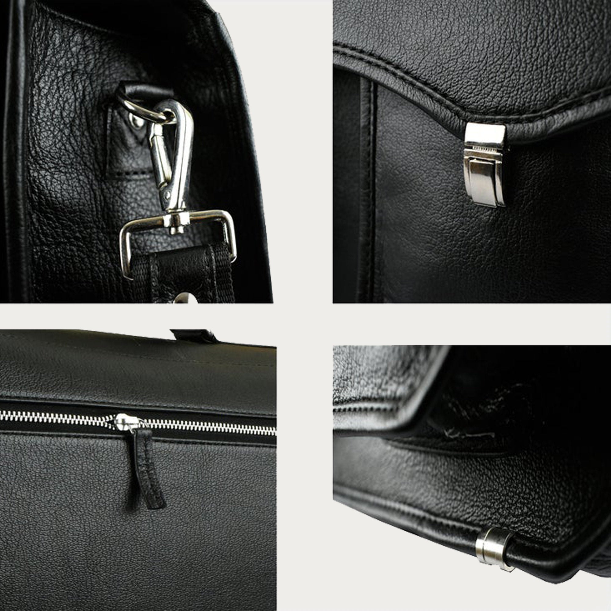 Black Leather Laptop Briefcase – Full-Grain Professional Bag with Buckle Flap & Trolley Sleeve (14" / 16" / 18")