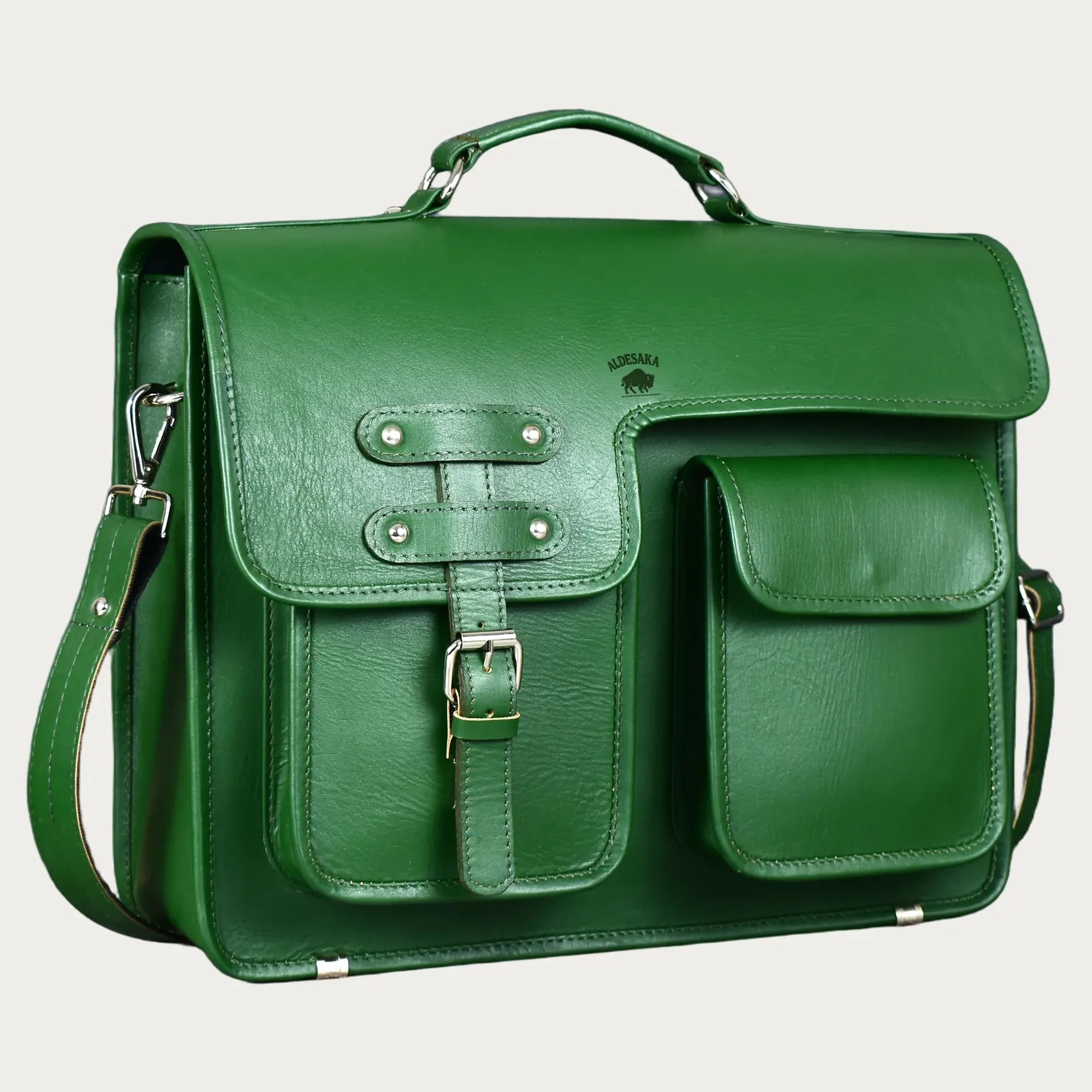Green Full-Grain Leather Messenger Bag – Handmade Laptop Briefcase with Buckle Flap & Trolley Sleeve (14" / 16" / 18")