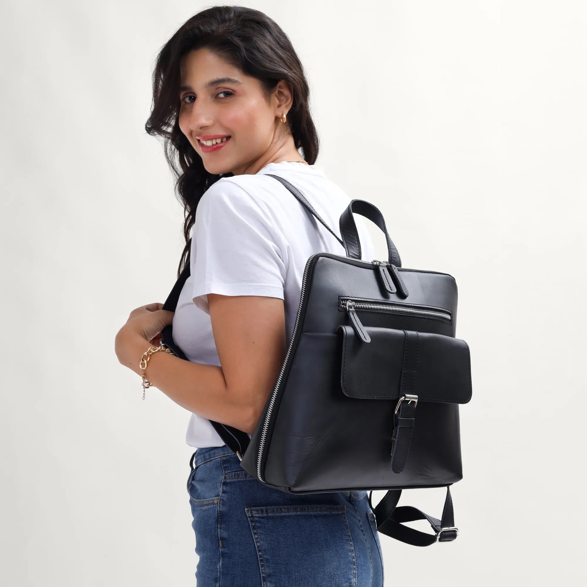 Black Leather Backpack – Handmade Full Grain Leather Daypack for Women