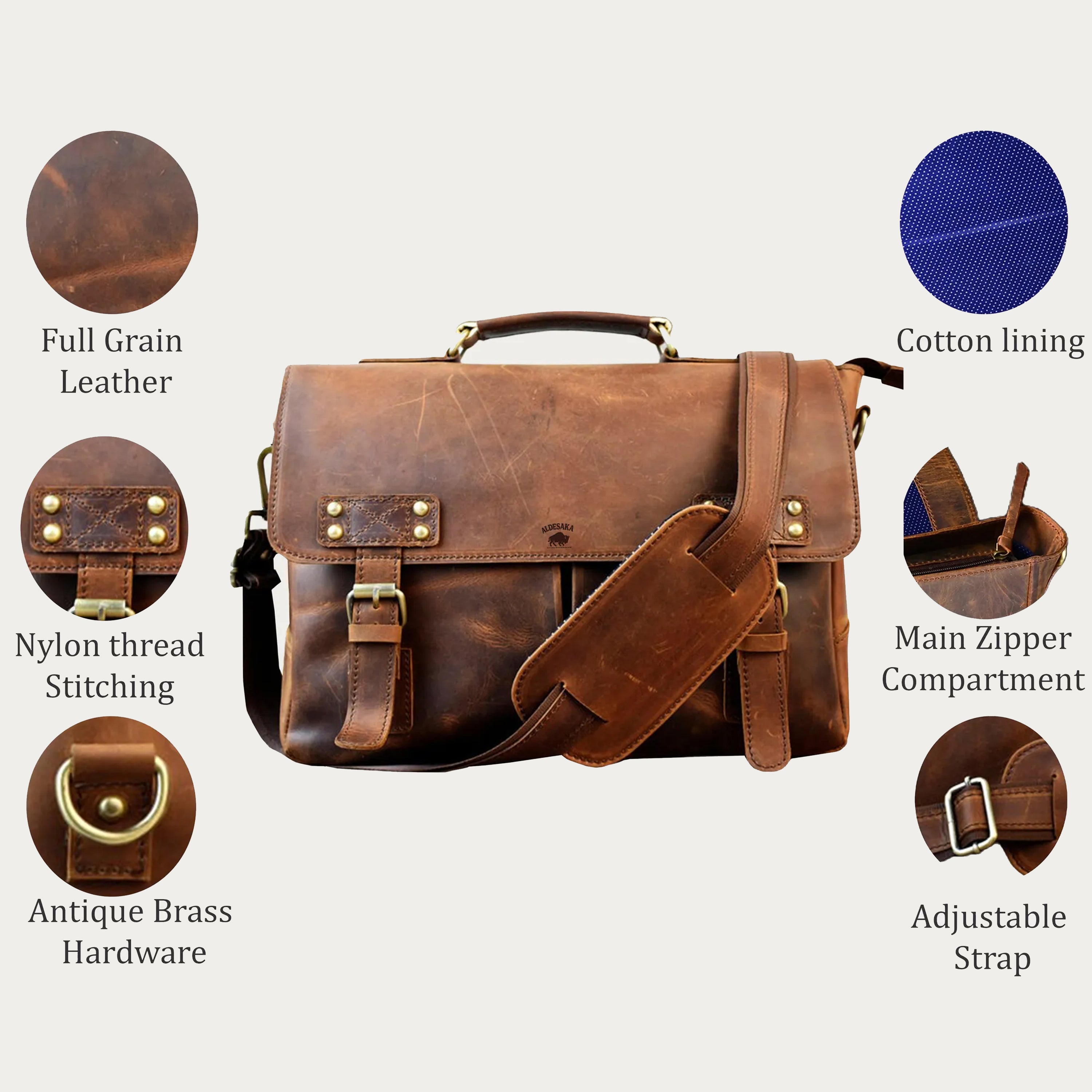 Distressed Full-Grain Leather Laptop Bag – Handmade Messenger Briefcase with Buckle Closure (14" / 16" / 18")