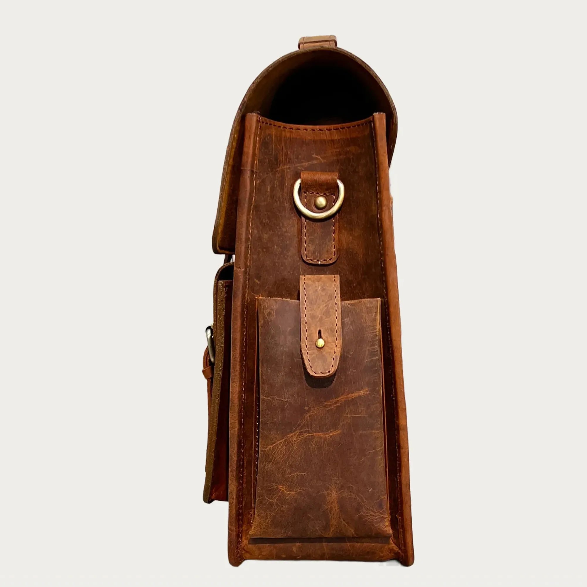 Distressed Leather Satchel Bag – Full-Grain Laptop Briefcase with Dual Buckle Pockets & Trolley Sleeve (14" / 16" / 18")