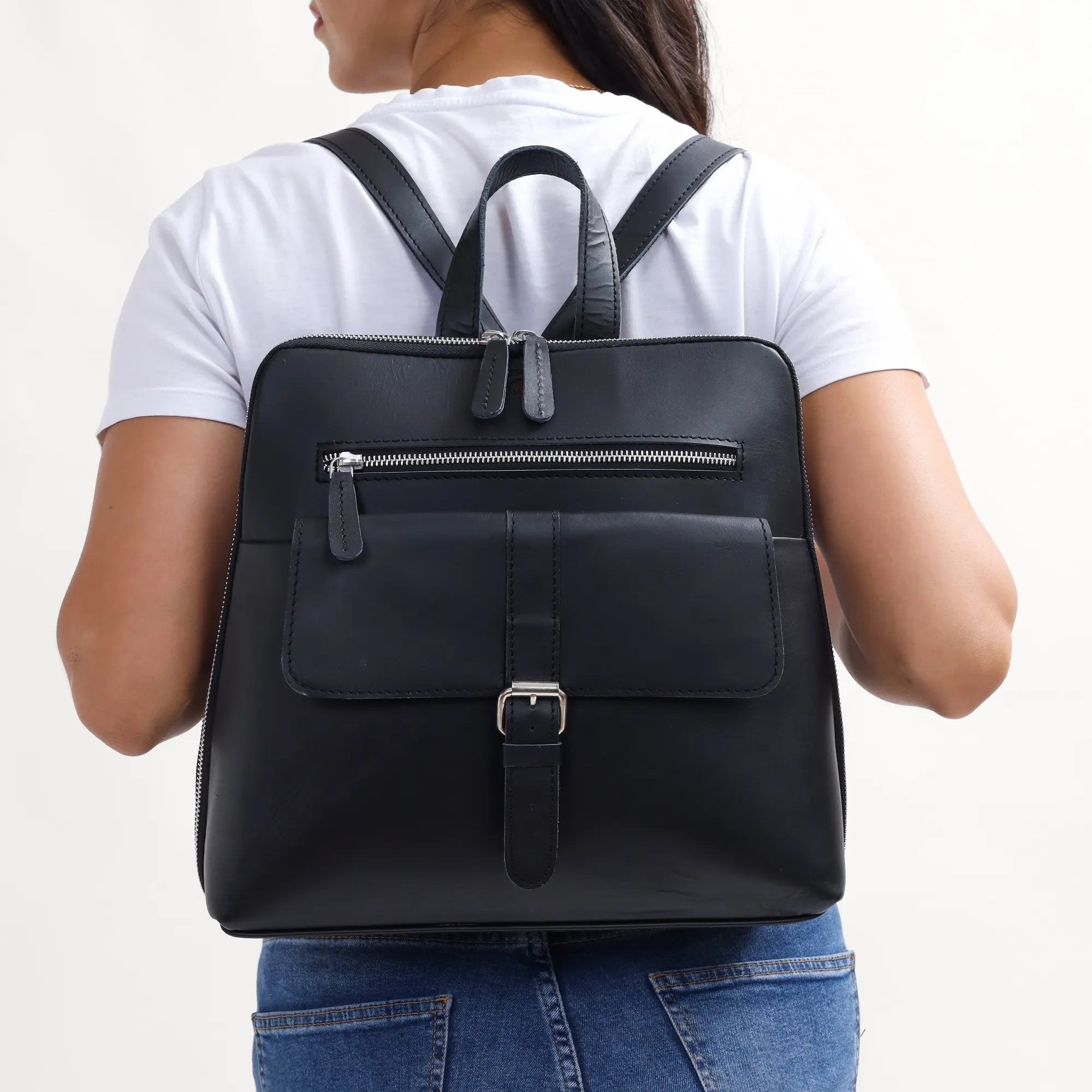 Black Full-Grain Leather Backpack for Women