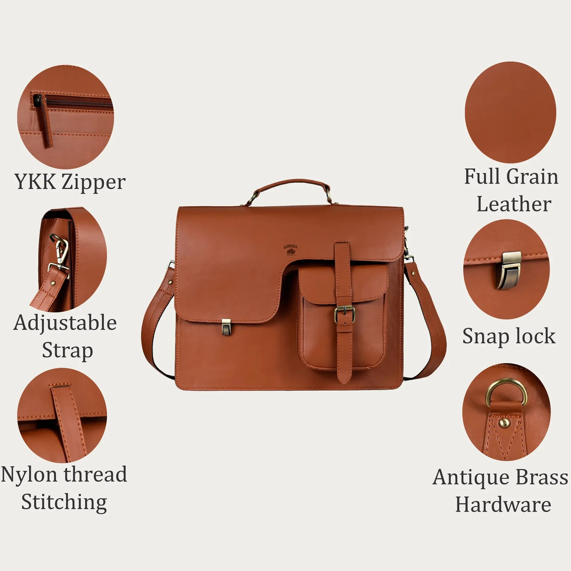 Cognac Leather Laptop Messenger Bag – Full-Grain Briefcase with Push Lock & Trolley Sleeve (14" / 16" / 18")