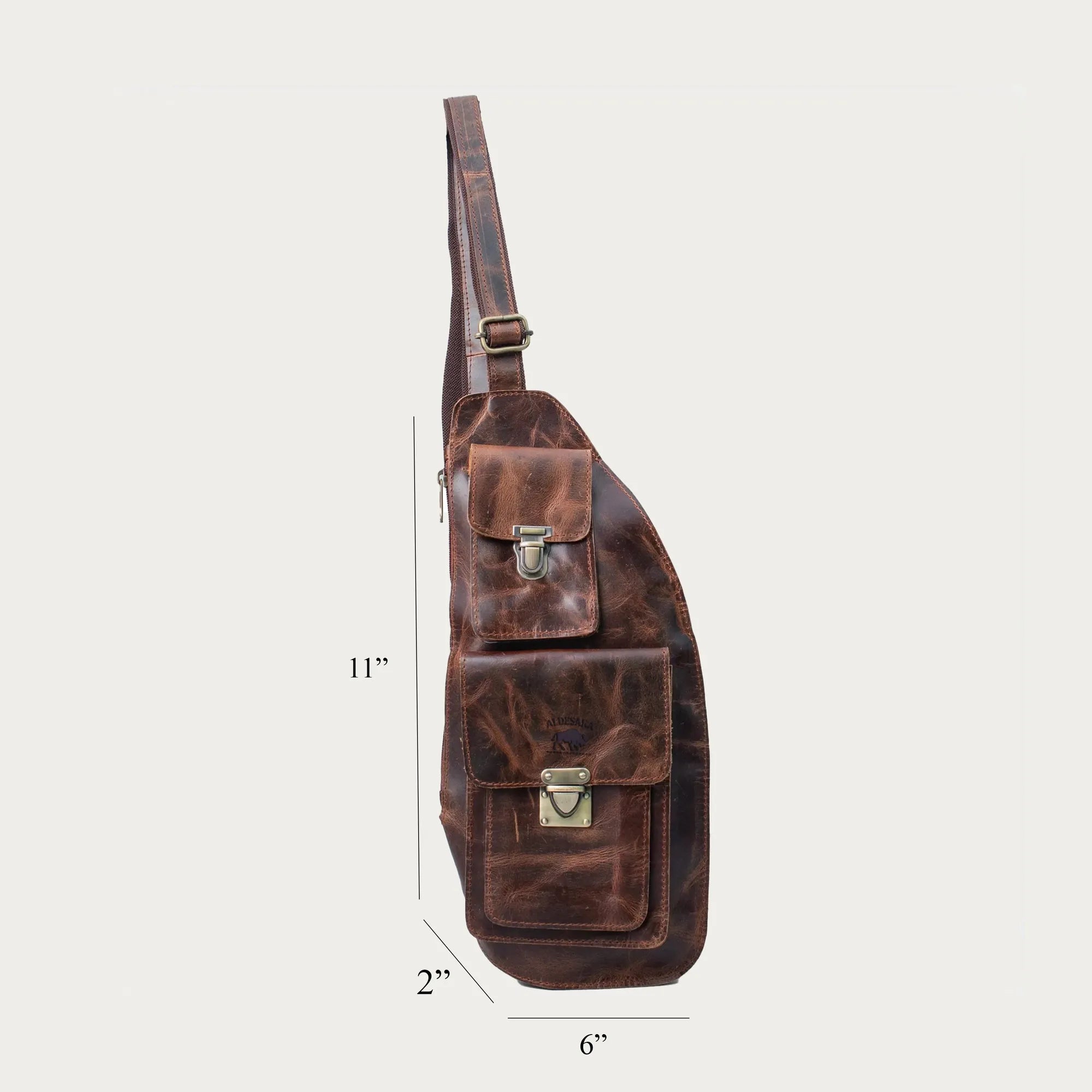 Men’s Full-Grain Leather Chest Sling Bag – Distressed Brown Crossbody Chest Pack with Dual Buckle Pockets – Gift for Him