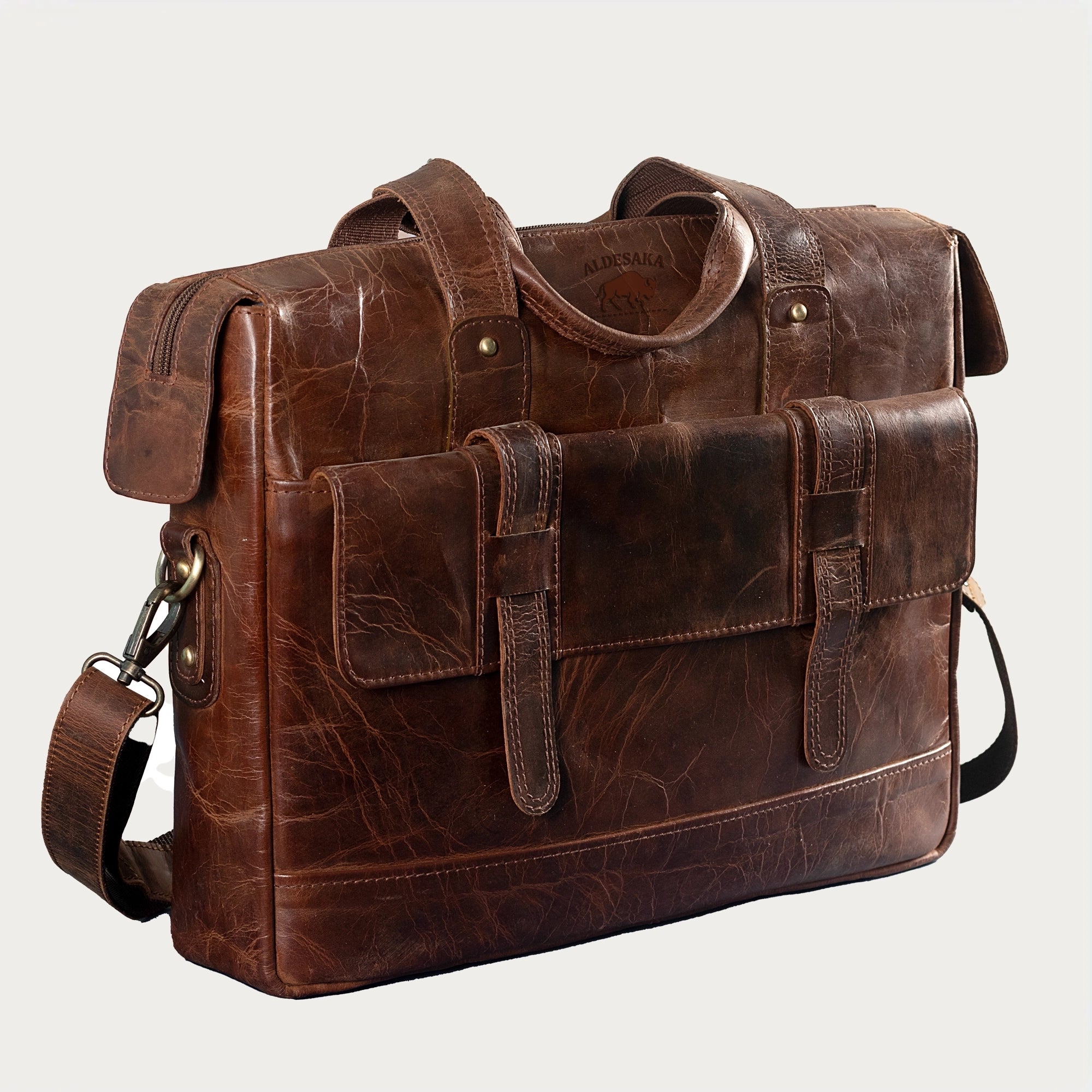 Distressed Leather Briefcase – Full-Grain Laptop Bag with Top Handles, Zipper Closure & Multi-Utility Pockets (14" / 16" / 18")
