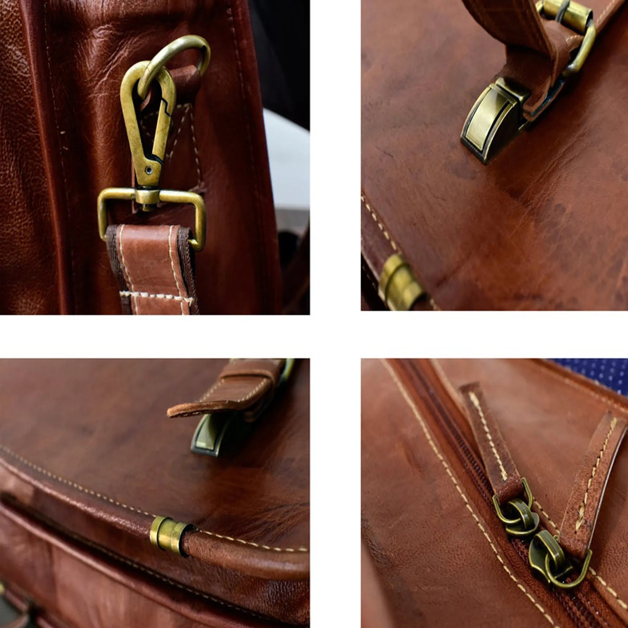 Cognac Leather Laptop Messenger Bag – Full-Grain Briefcase with Snap Lock & Trolley Sleeve (14" / 16" / 18")