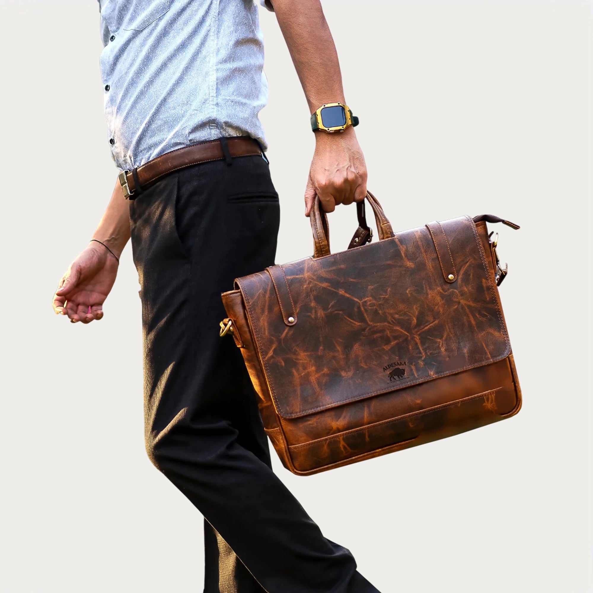 Distressed Brown Leather Laptop Bag – Full-Grain Cowhide with Flap-Over Closure, Top Handle & Shoulder Strap (14" / 16" / 18")