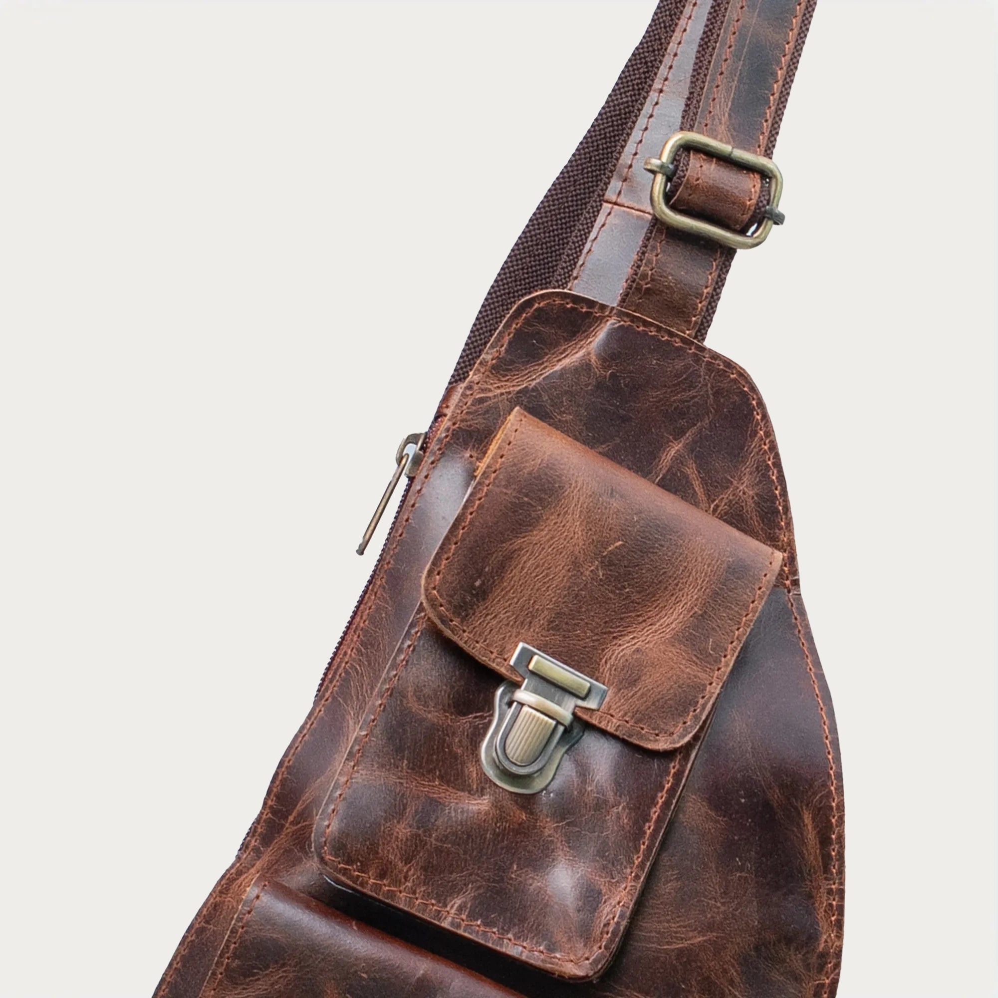 Men’s Full-Grain Leather Chest Sling Bag – Distressed Brown Crossbody Chest Pack with Dual Buckle Pockets – Gift for Him