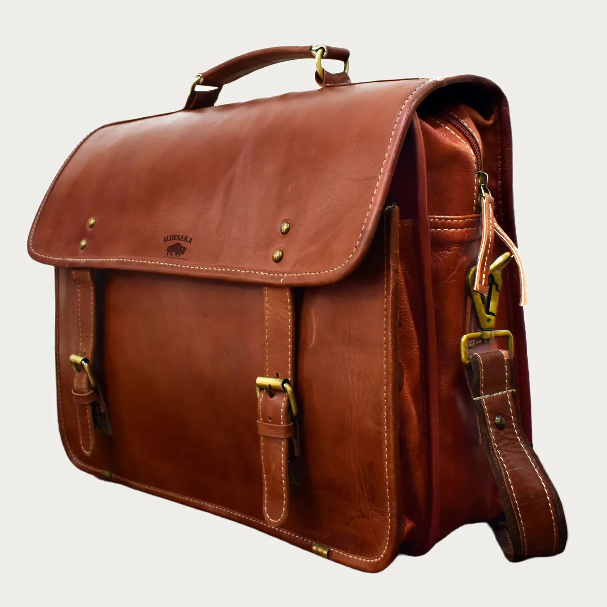 Cognac Leather Laptop Messenger Bag – Full-Grain Briefcase with Snap Lock & Trolley Sleeve (14" / 16" / 18")