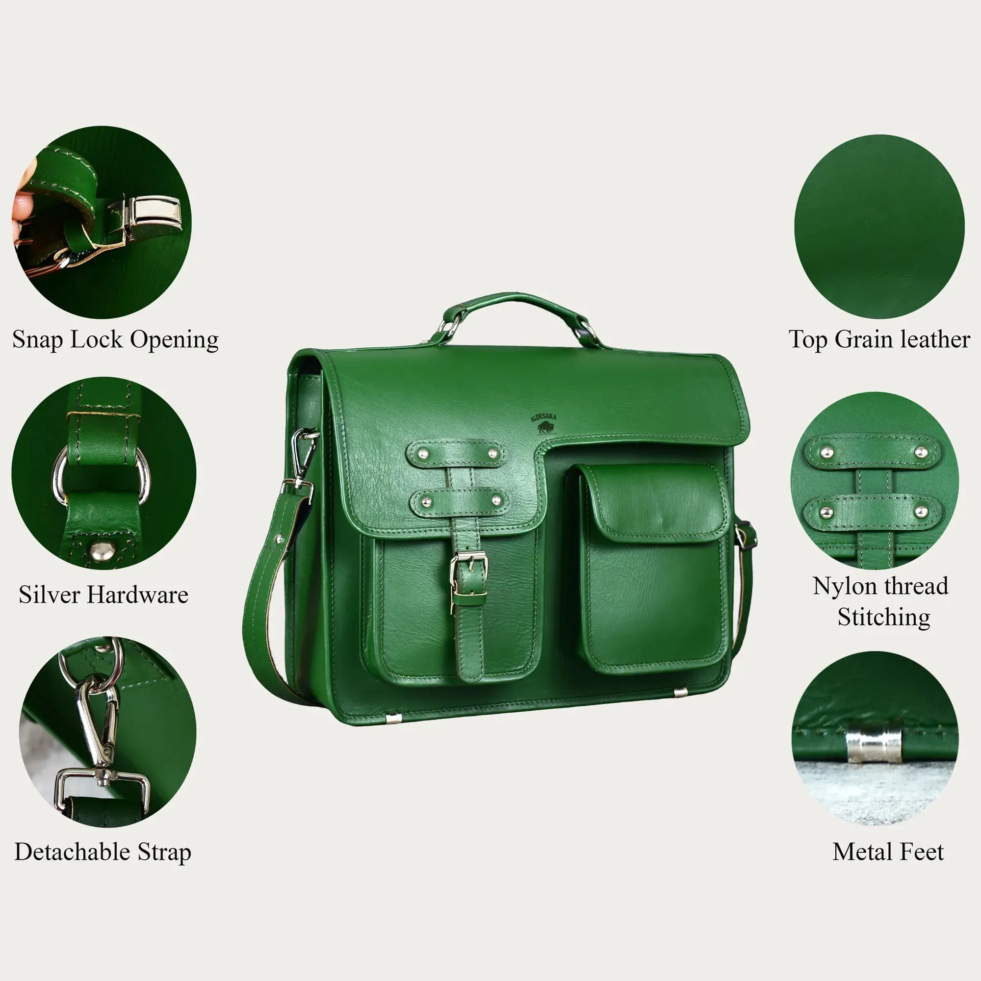Green Full-Grain Leather Messenger Bag – Handmade Laptop Briefcase with Buckle Flap & Trolley Sleeve (14" / 16" / 18")