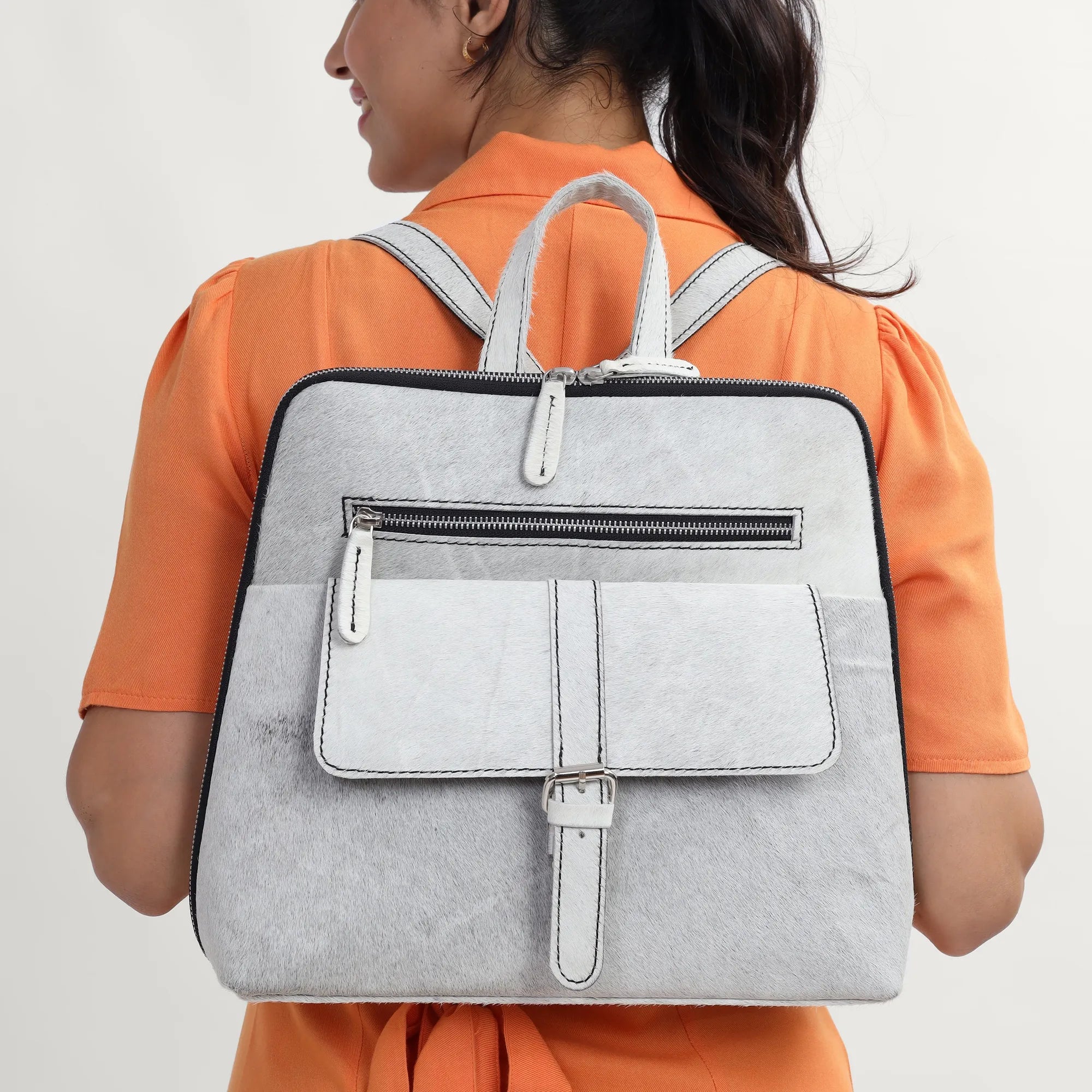 White Hairon Leather Backpack for Women – Handmade, Customizable Small Bag | Gift for Girlfriend | Stylish College Backpack