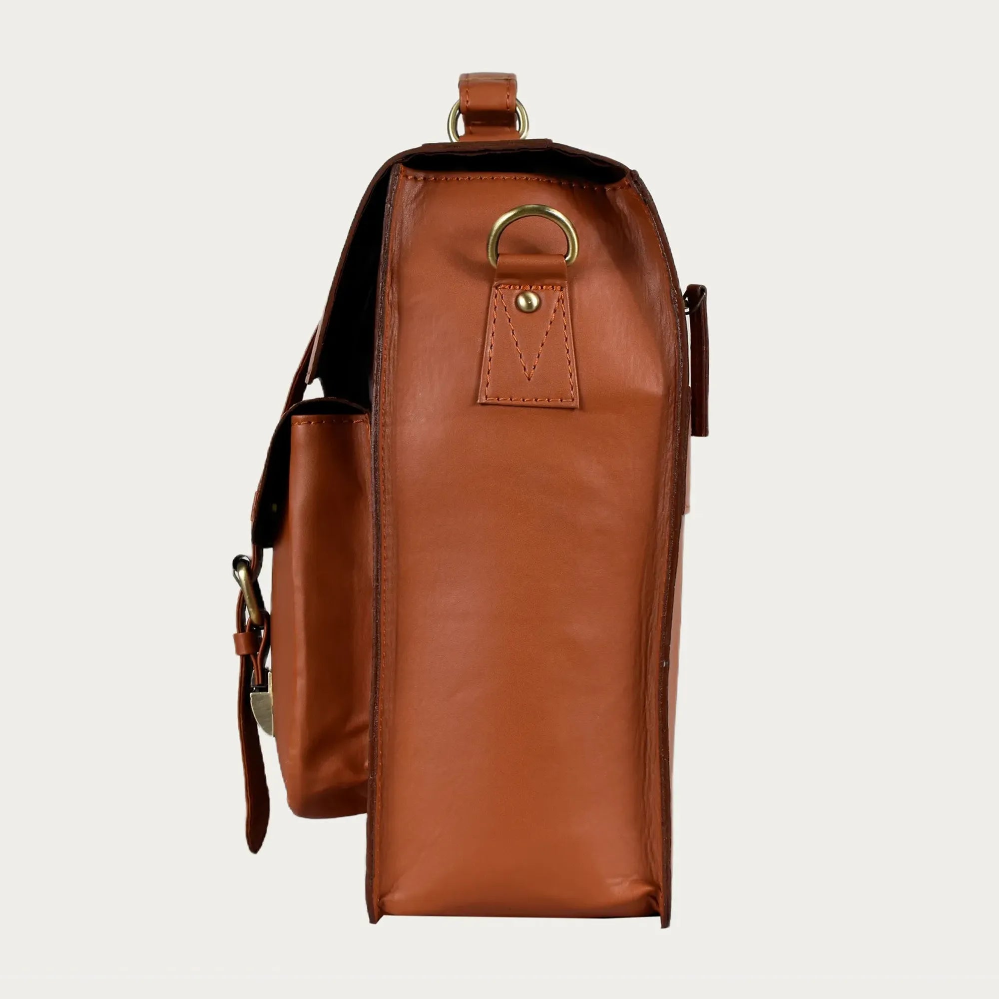 Cognac Leather Laptop Messenger Bag – Full-Grain Briefcase with Push Lock & Trolley Sleeve (14" / 16" / 18")