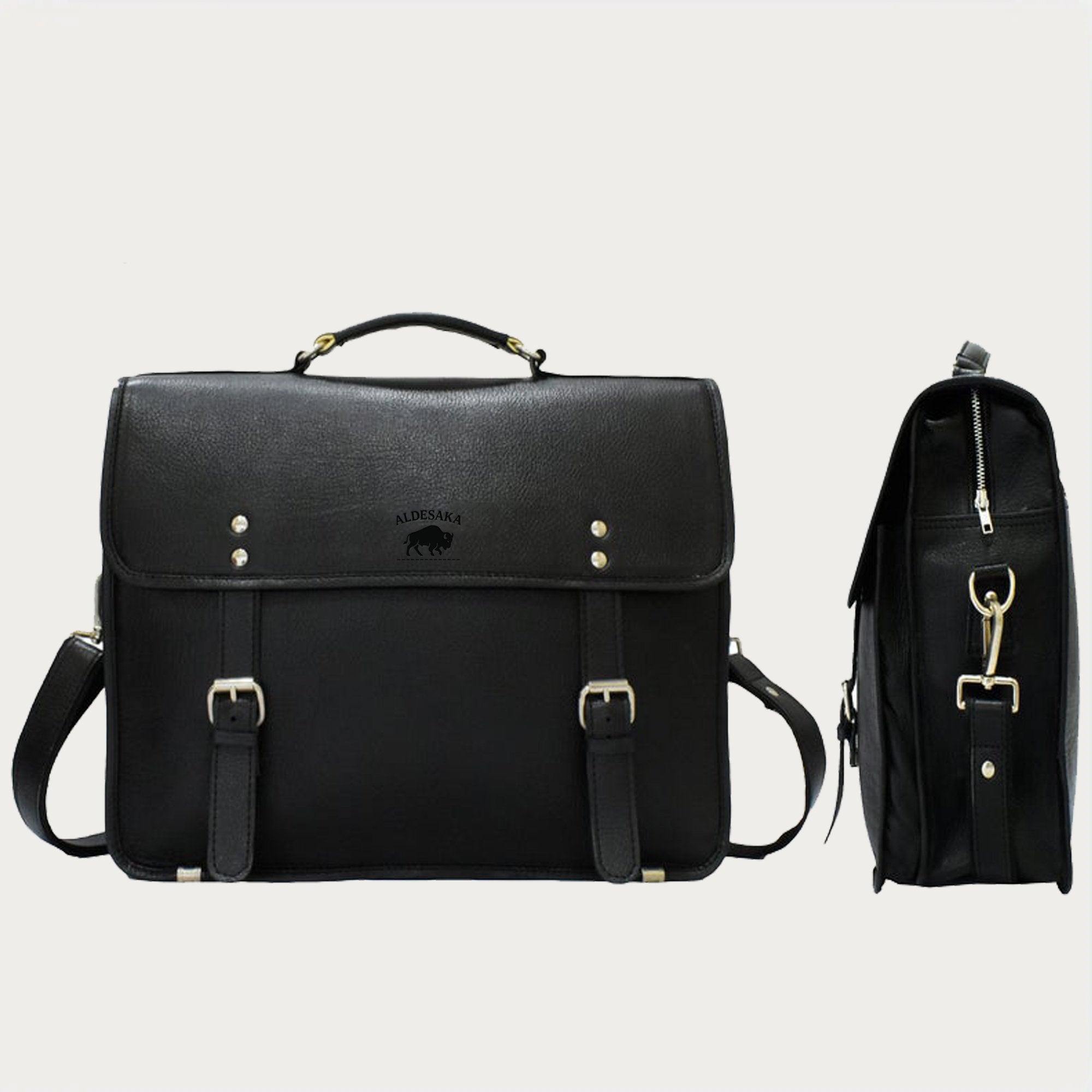 Black Leather Laptop Briefcase – Full-Grain Professional Bag with Buckle Flap & Trolley Sleeve (14" / 16" / 18")