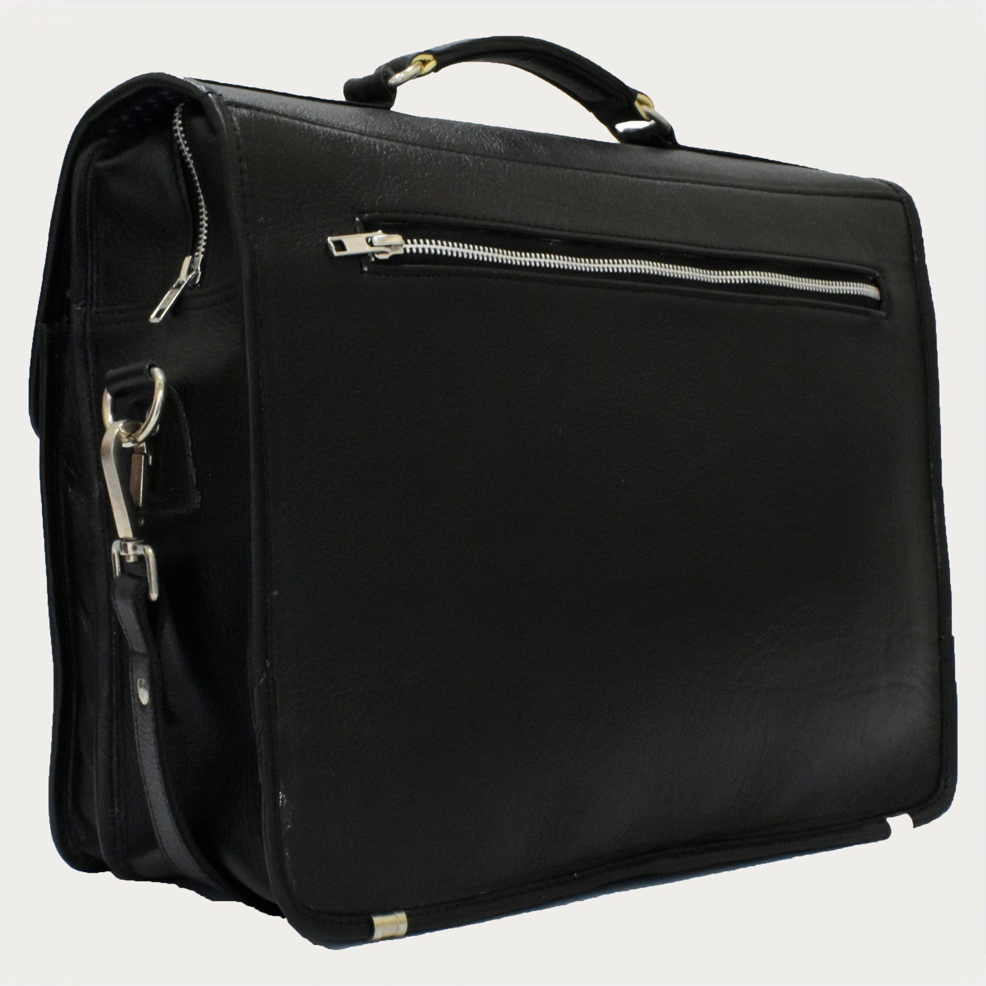 Black Leather Laptop Briefcase – Full-Grain Professional Bag with Buckle Flap & Trolley Sleeve (14" / 16" / 18")
