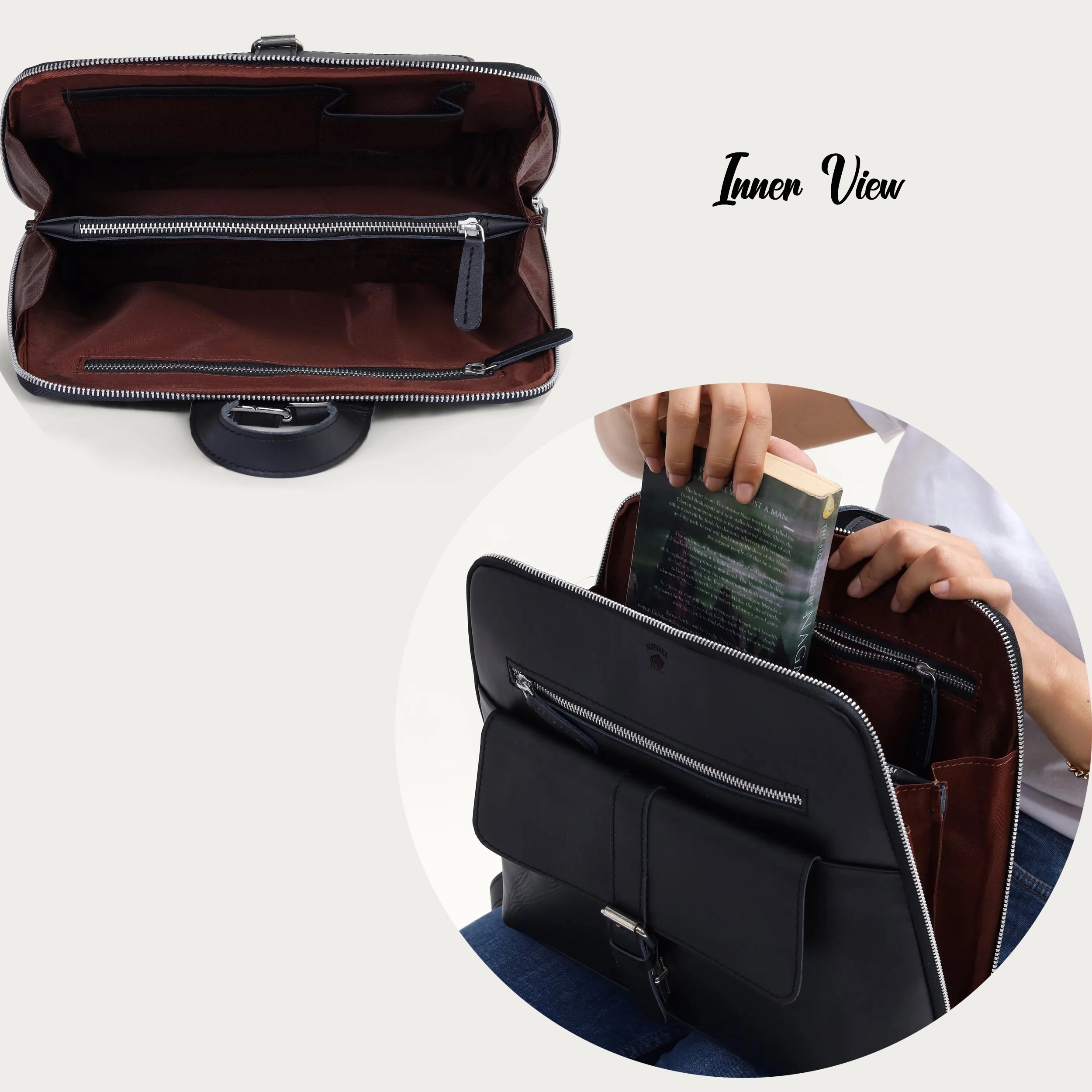 Black Full-Grain Leather Backpack for Women