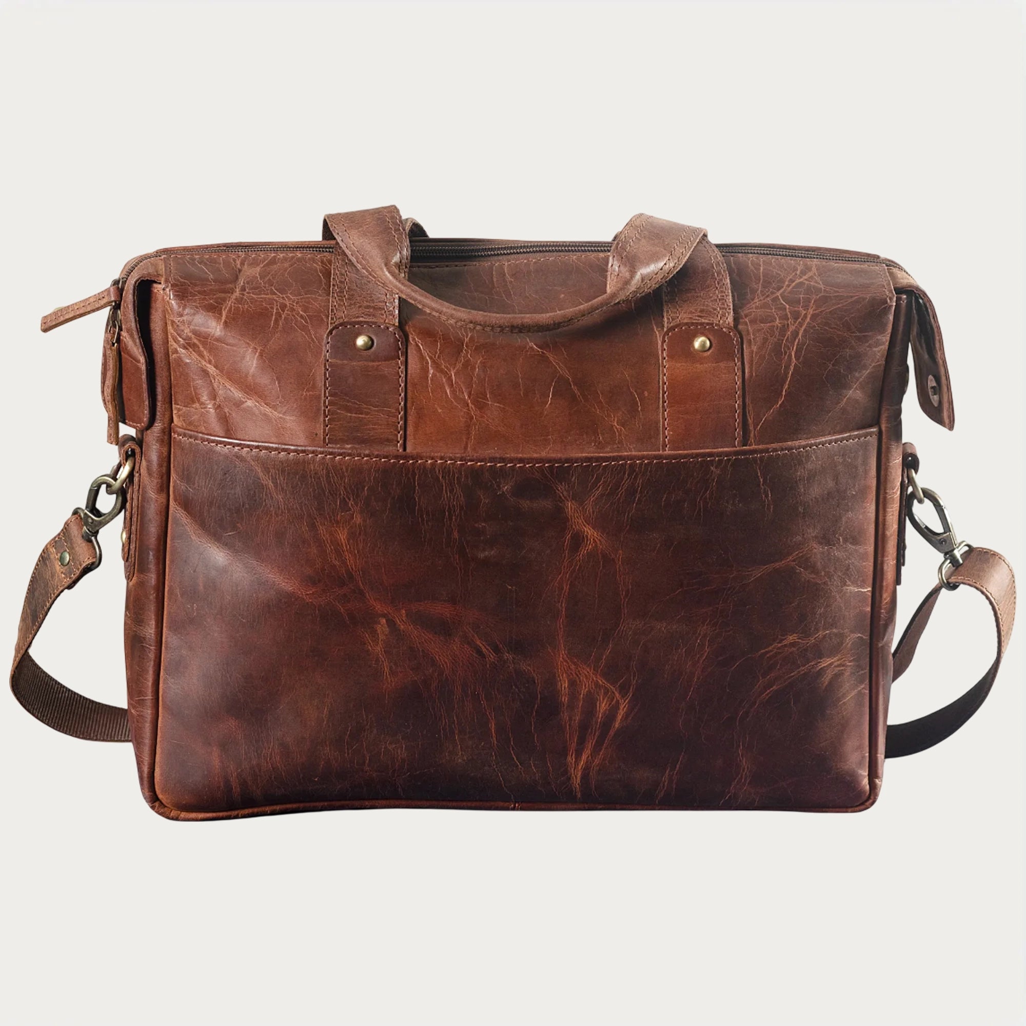 Distressed Leather Briefcase – Full-Grain Laptop Bag with Top Handles, Zipper Closure & Multi-Utility Pockets (14" / 16" / 18")