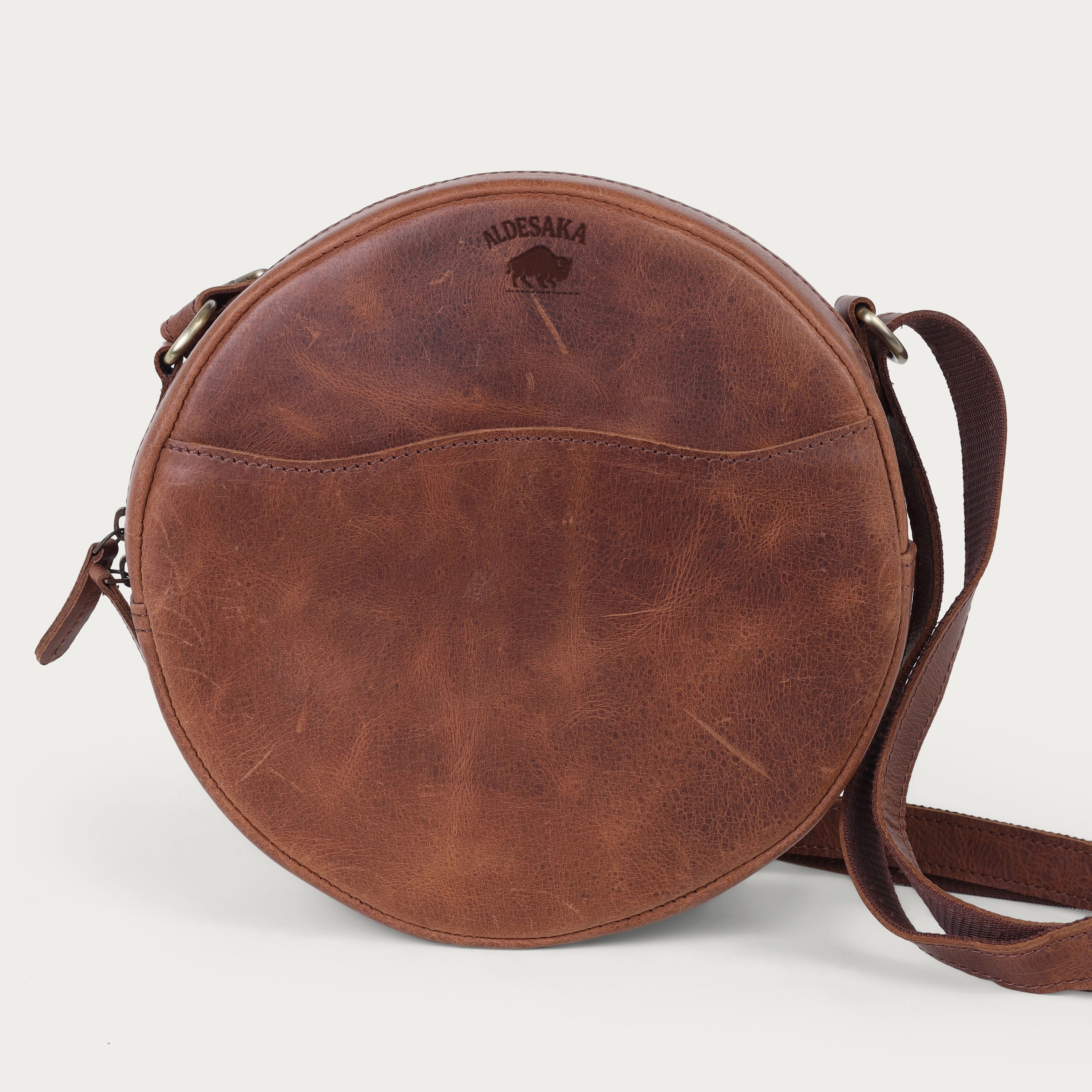 Vintage Brown Leather Crossbody Bag – Handmade Round Full Grain Sling